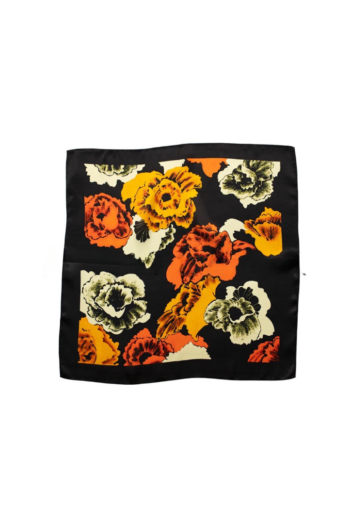 Square Silk Bandana 50cmx50cm - Black Orange Bloom