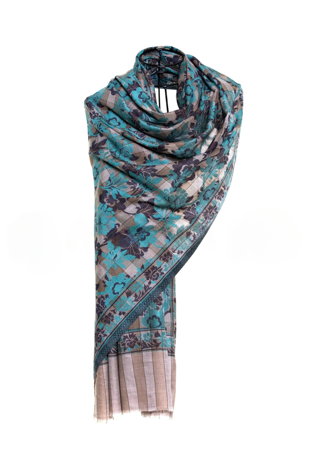 Checkers Floral Cashmere Pashmina Shawl - Turquoise