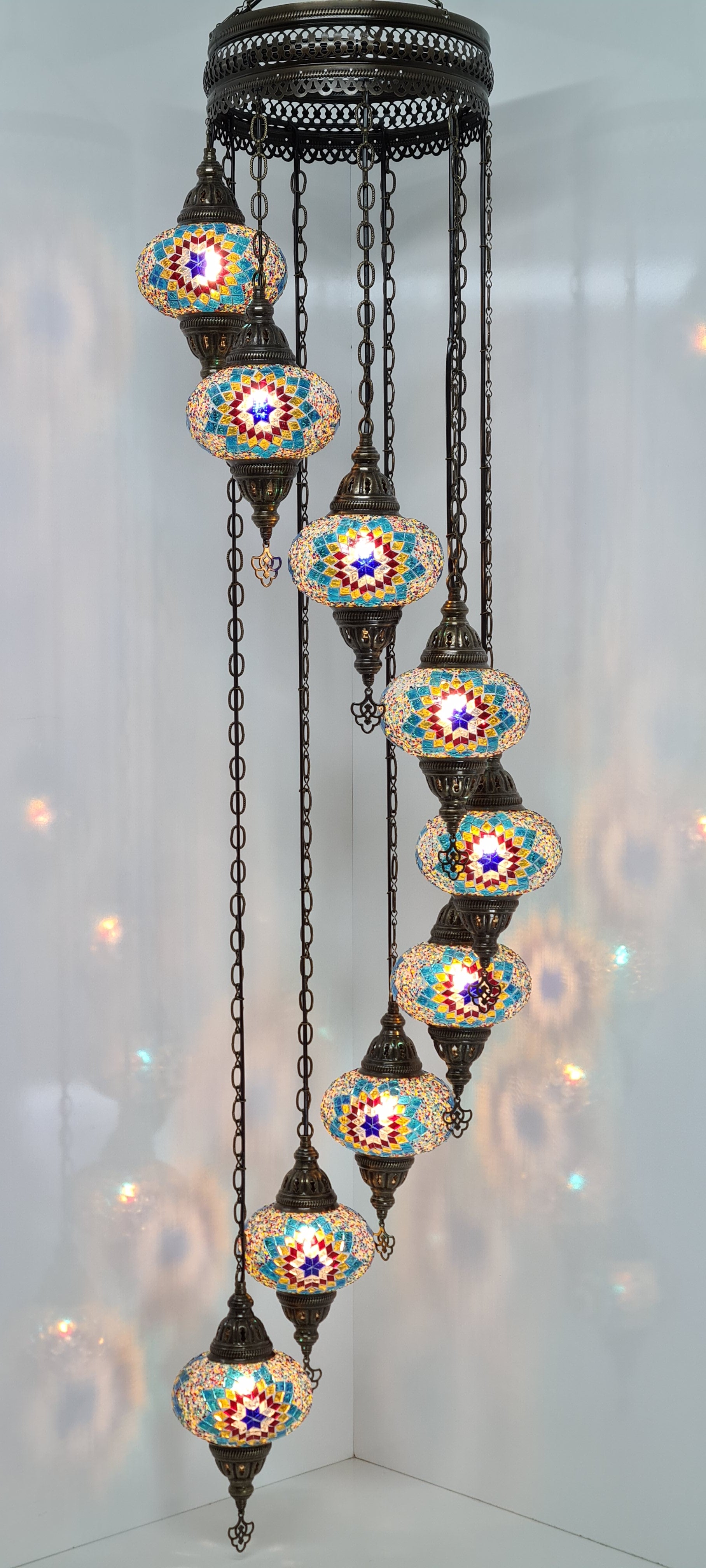 Spiral Chandelier 9 Medium Mosaic Glass Ceiling Turkish Lamp
