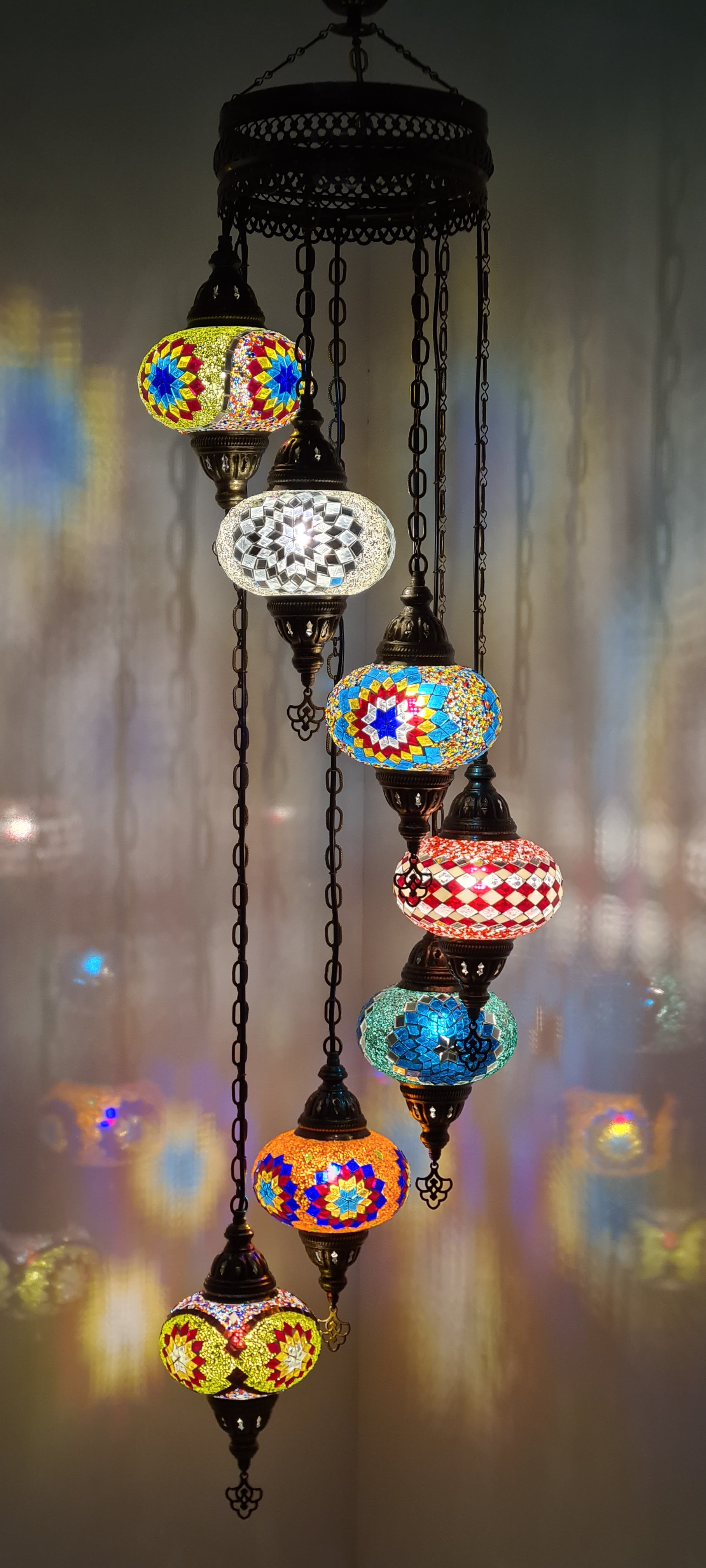 Spiral Chandelier 7 Medium Mosaic Glass Ceiling Turkish Lamp