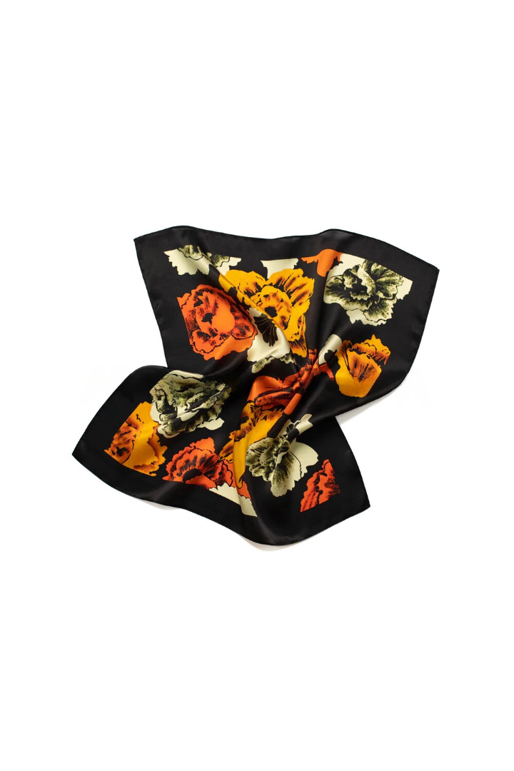 Square Silk Bandana 50cmx50cm - Black Orange Bloom