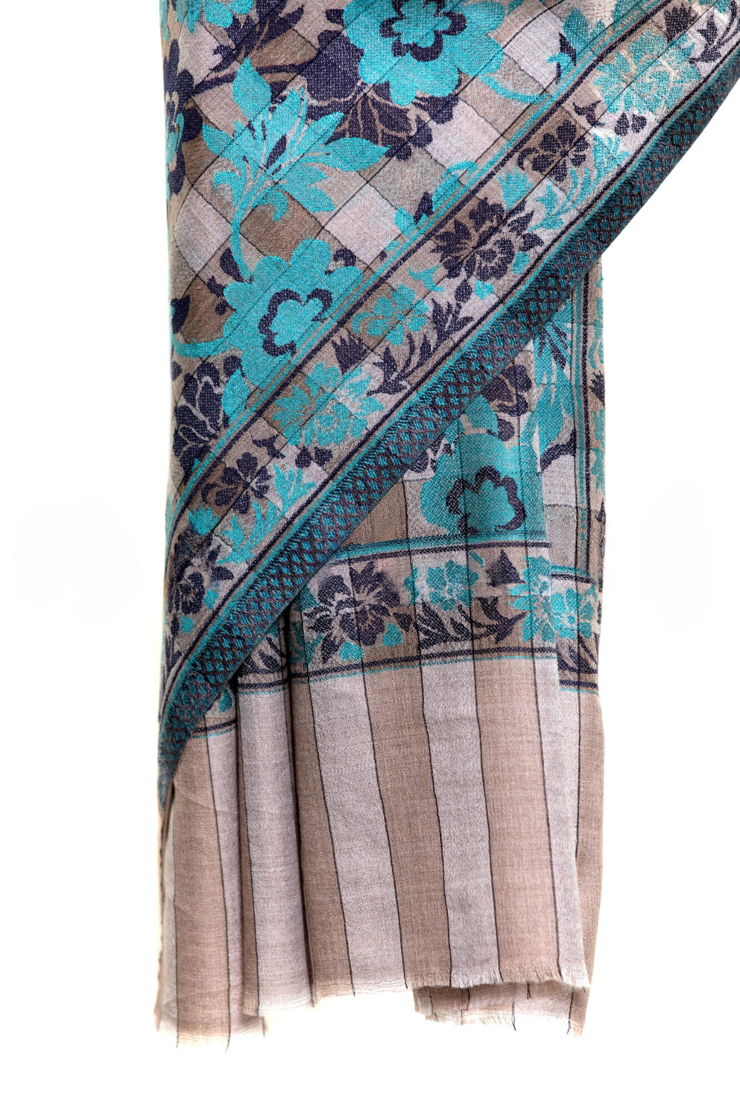 Checkers Floral Cashmere Pashmina Shawl - Turquoise
