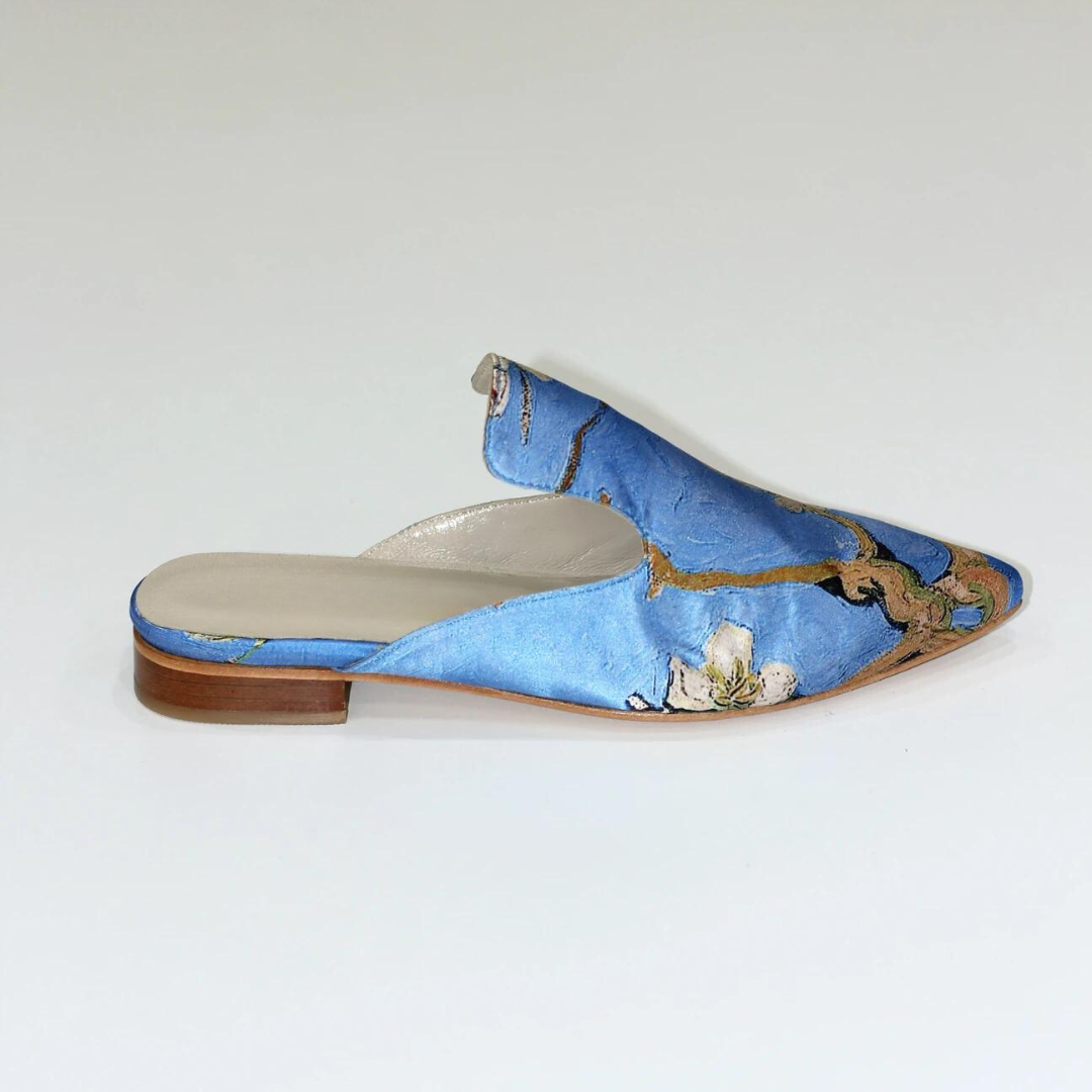 Silk & Leather Closed Slipper - Van Gohg Almond Blossom Blue