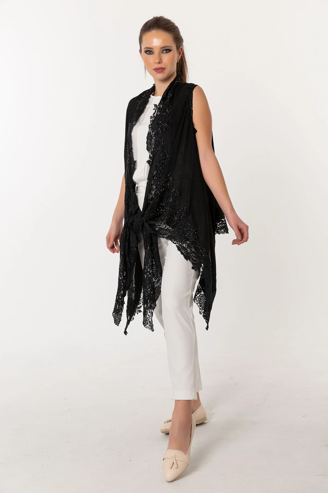 Poncho Embroidered Cashmere Silk Lace - Black