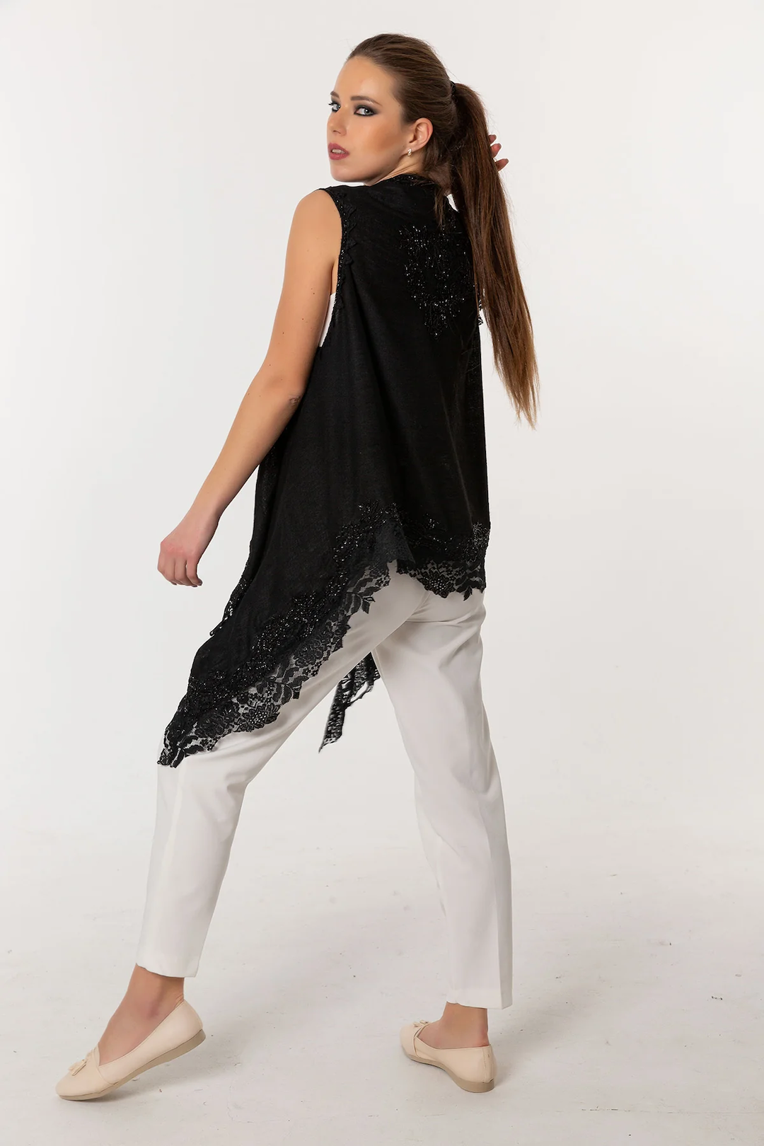 Poncho Embroidered Cashmere Silk Lace - Black