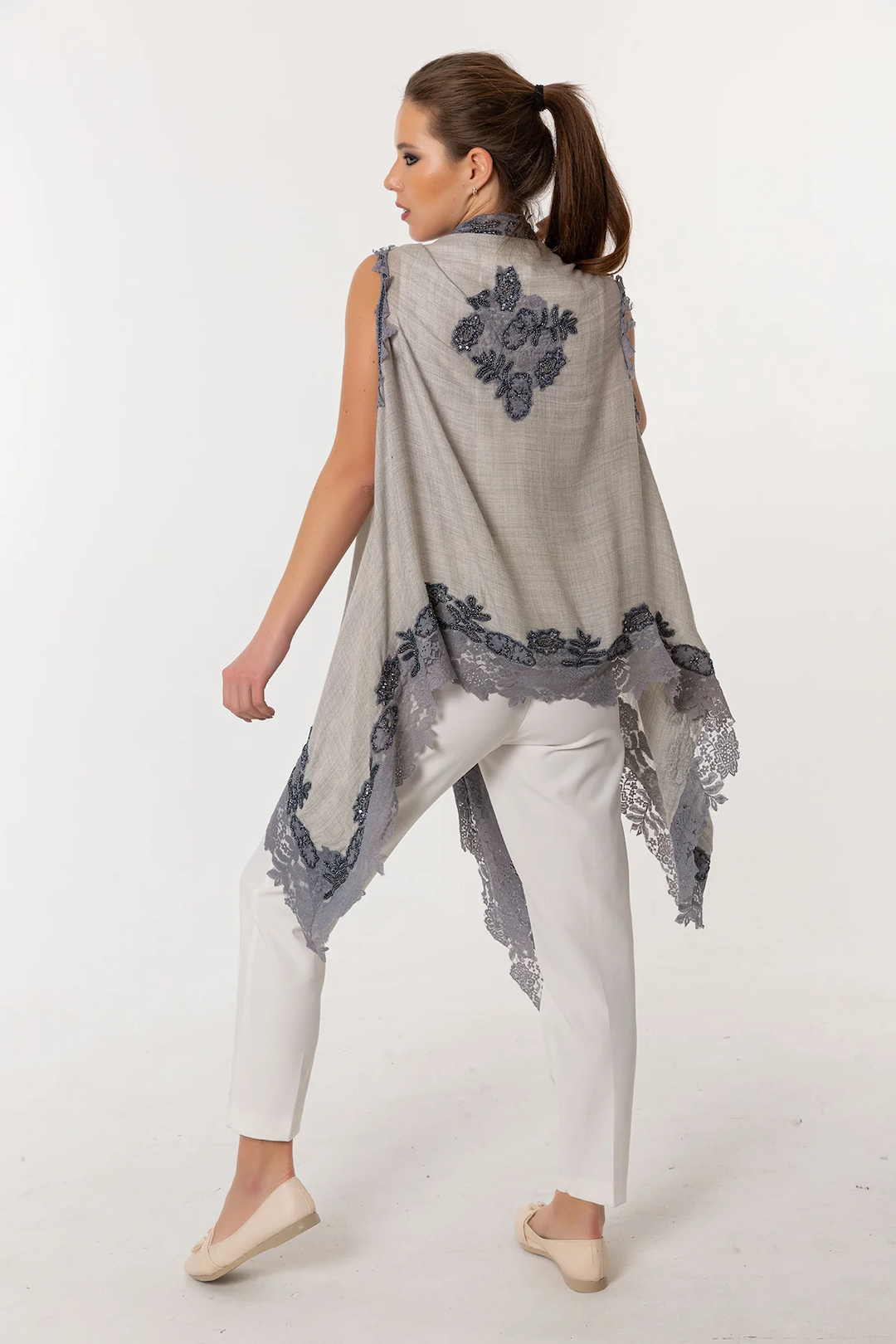Poncho Embroidered Cashmere Silk Lace - Light Gray Light Blue