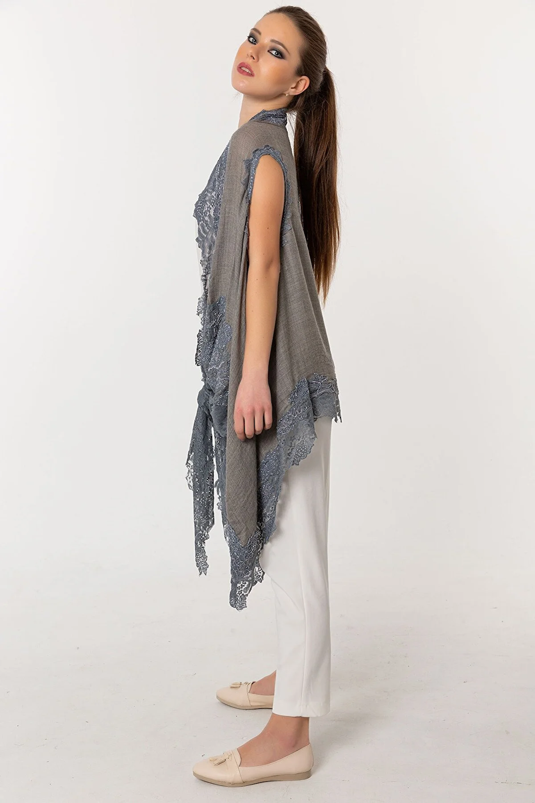 Poncho Embroidered Cashmere Silk Lace - Light Sepia Gray Blue