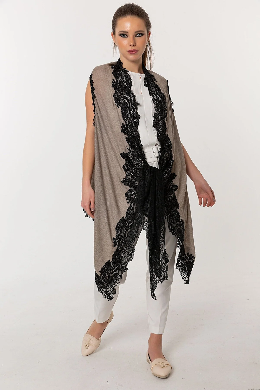Poncho Embroidered Cashmere Silk Lace - Toush Black