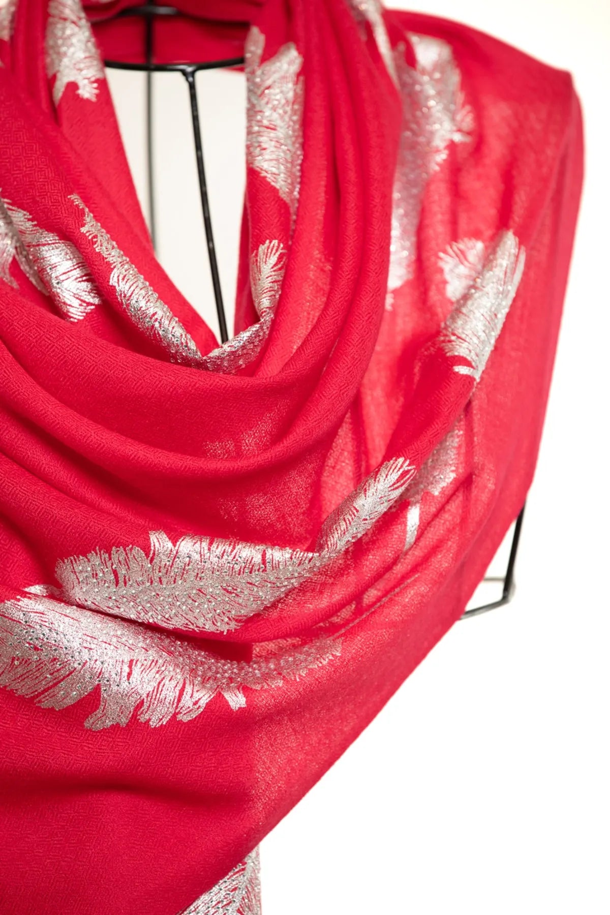 Angel Feathers Crystal Feathers Shawl Stole - Red Silver