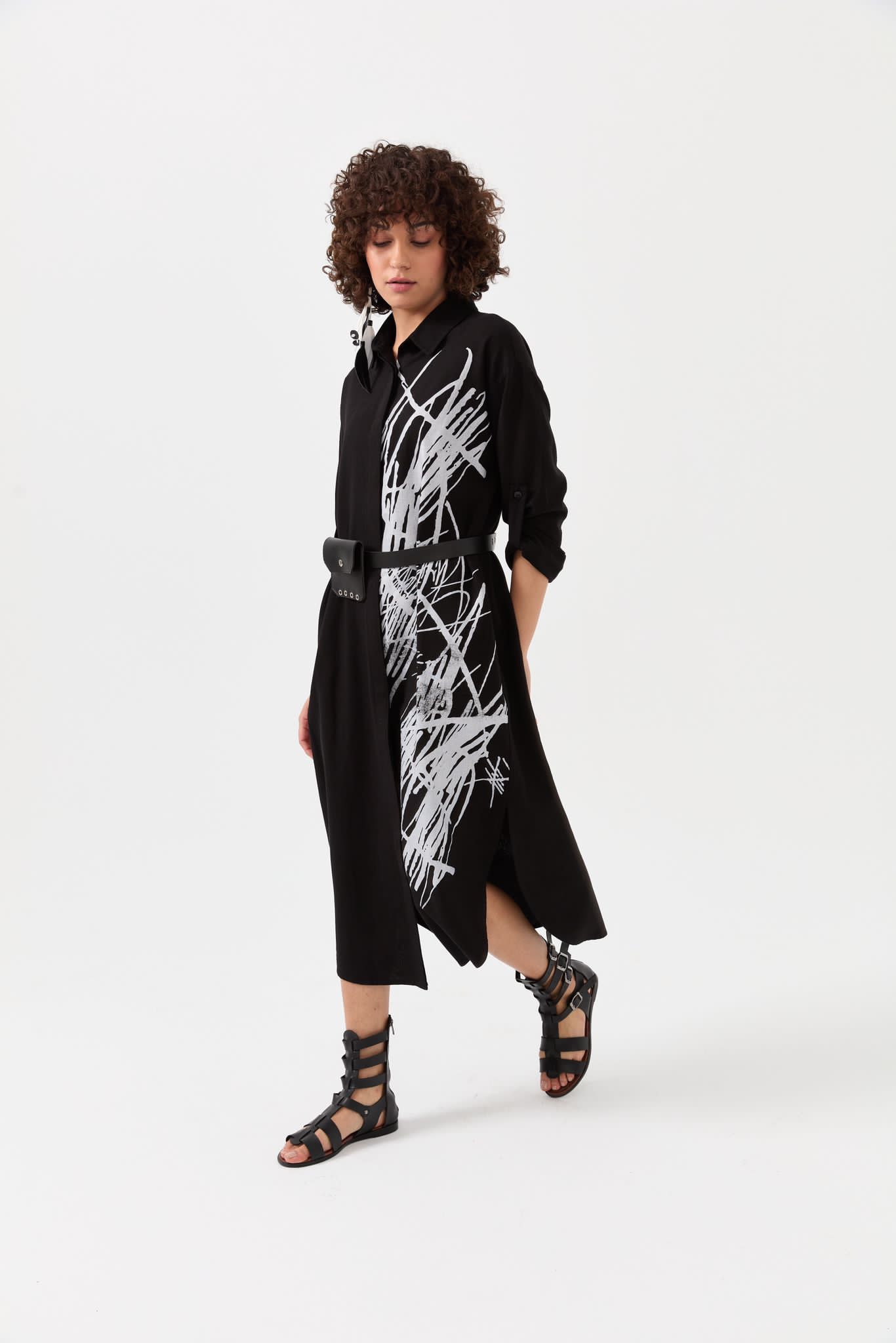 Linen Dress with Pleather Belt & Satchel Design - B-138 - Black