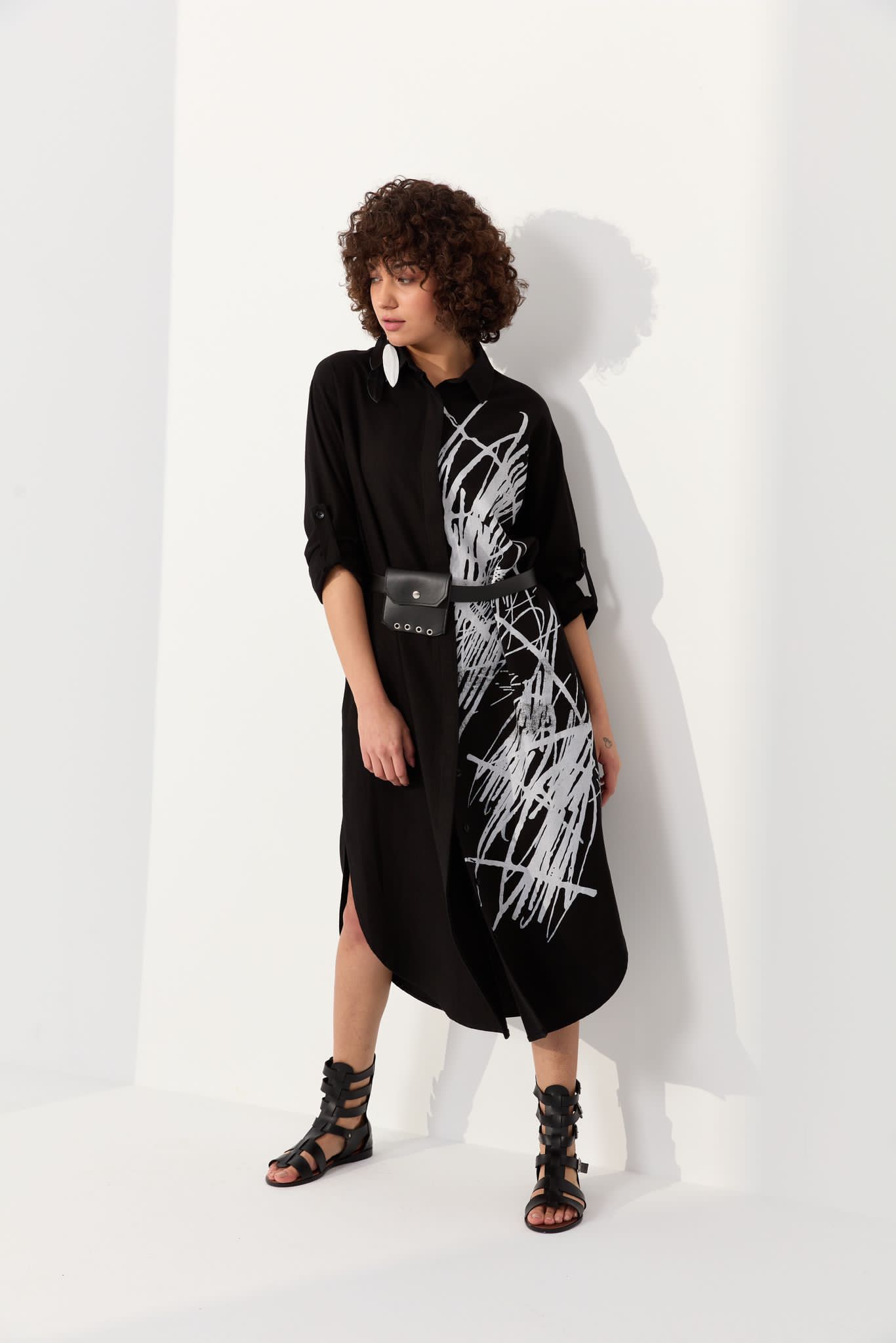 Linen Dress with Pleather Belt & Satchel Design - B-138 - Black