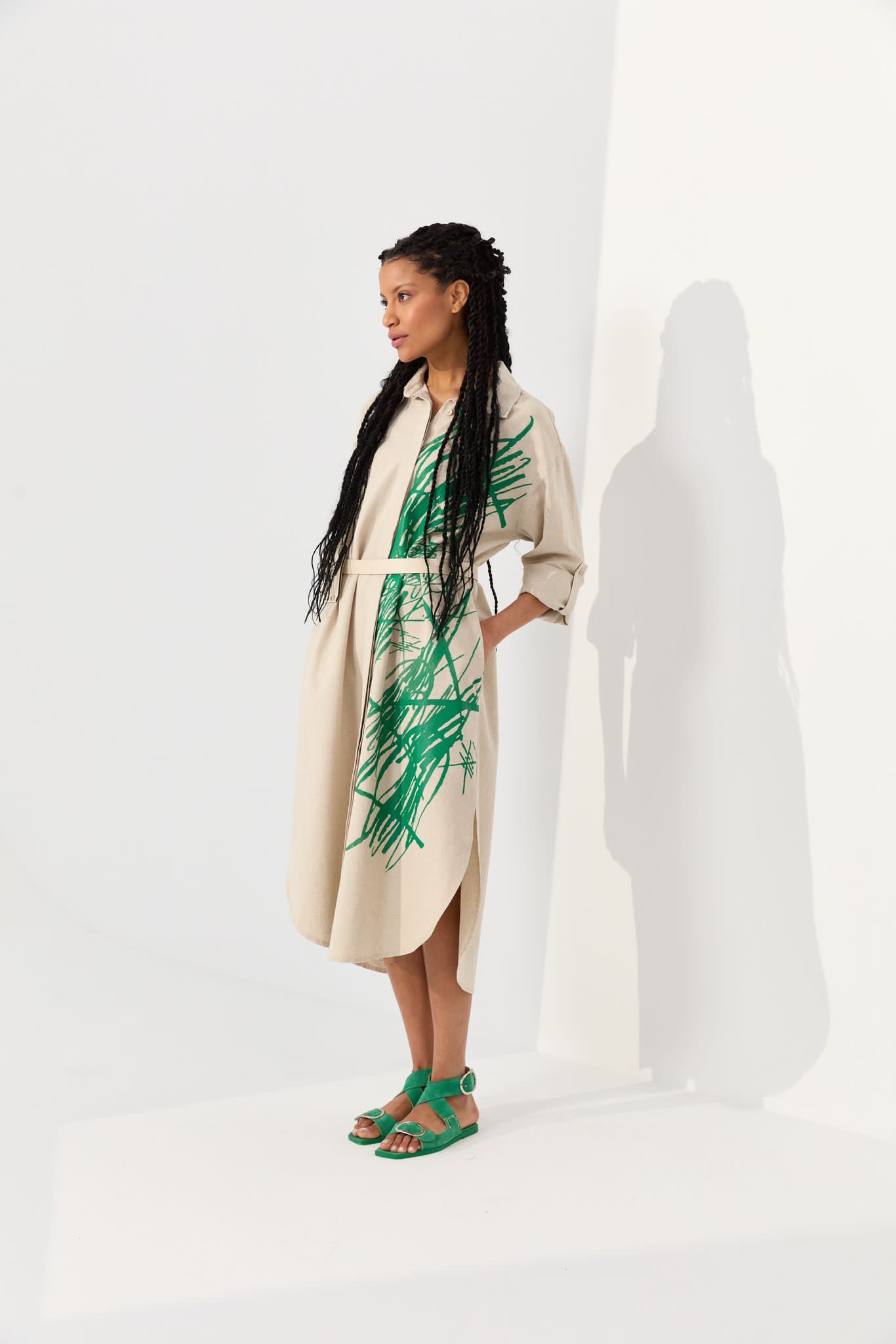 Linen Dress with Pleather Belt & Satchel Design - B-138 - Beige
