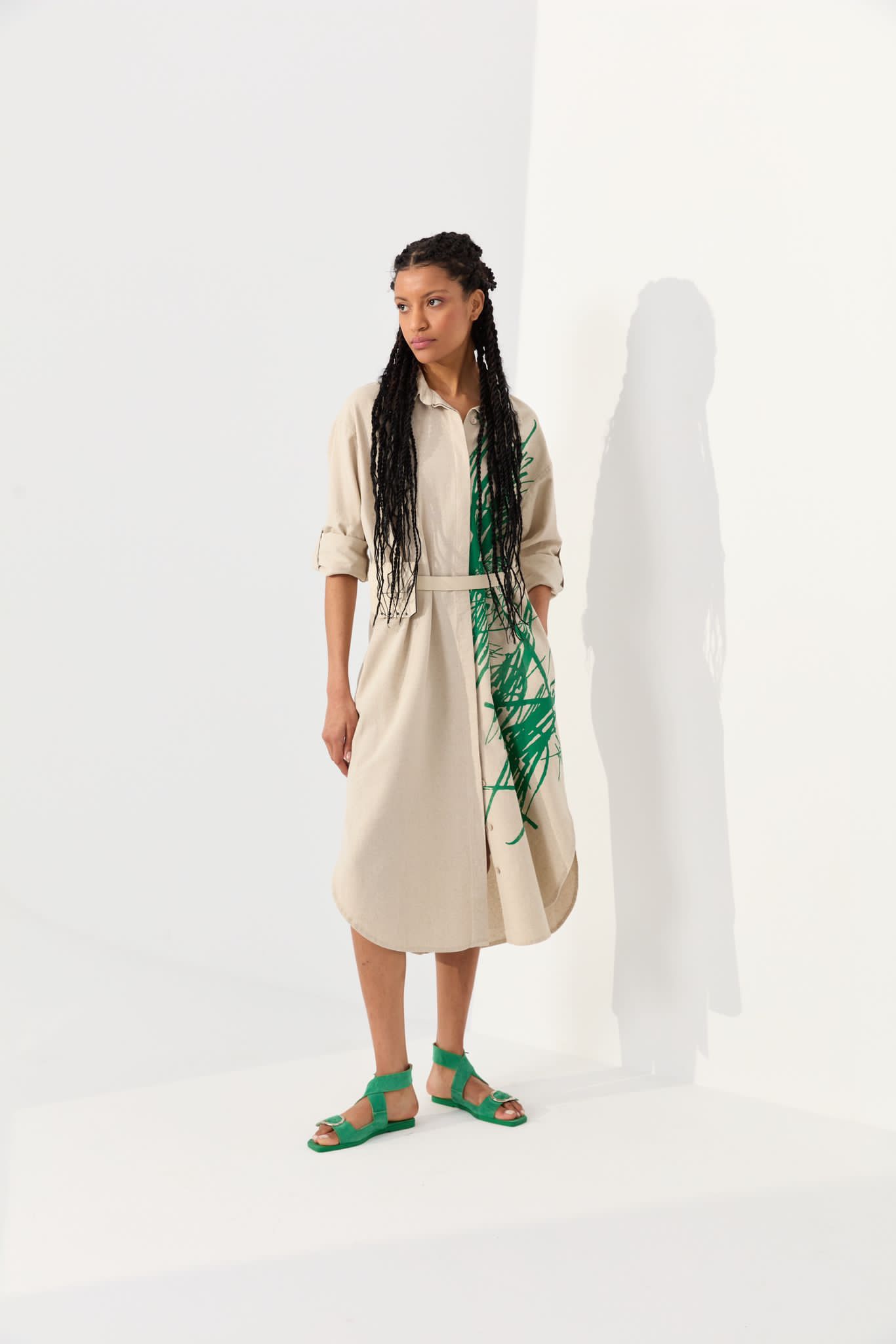 Linen Dress with Pleather Belt & Satchel Design - B-138 - Beige