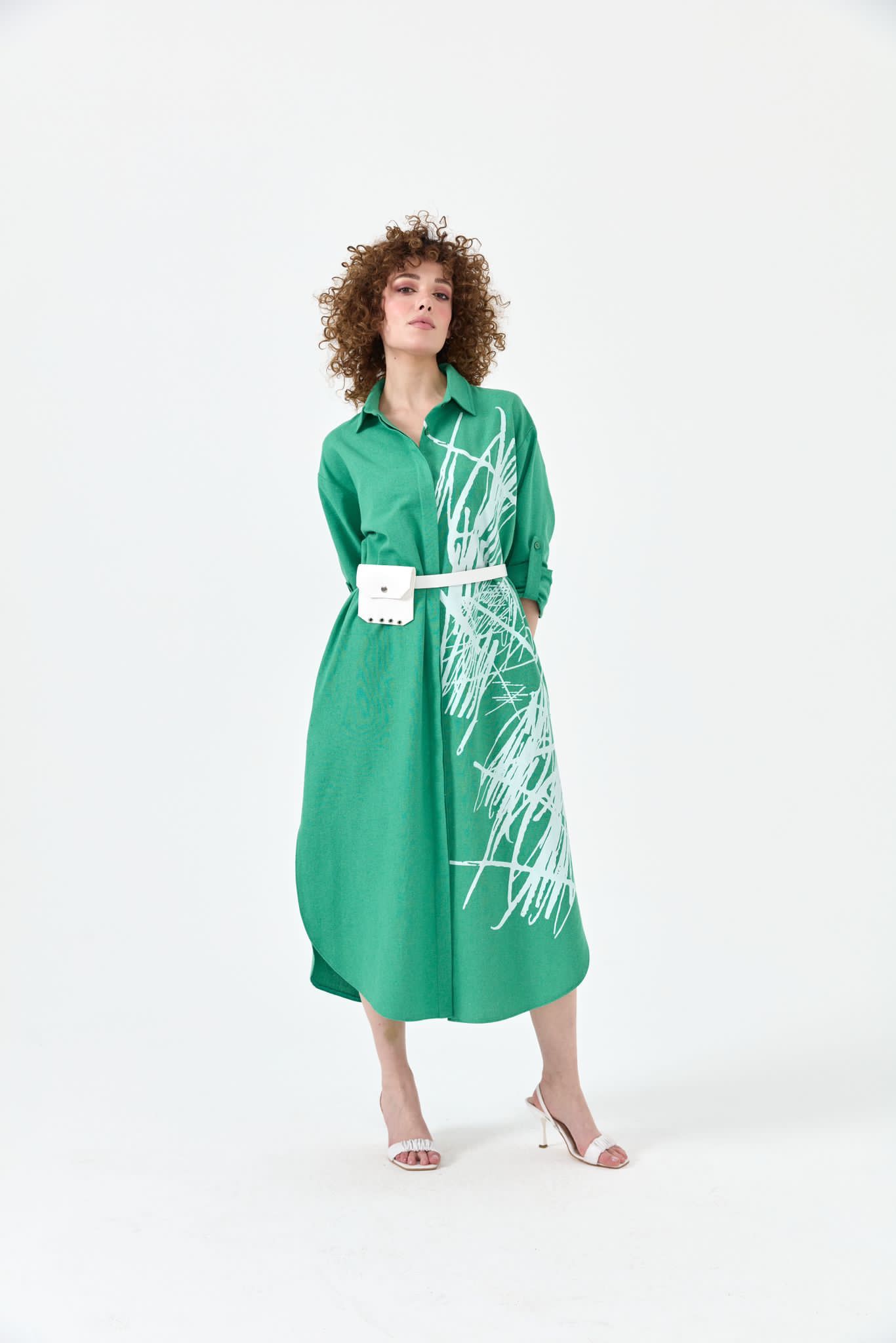 Linen Dress with Pleather Belt & Satchel Design - B-138 - Green