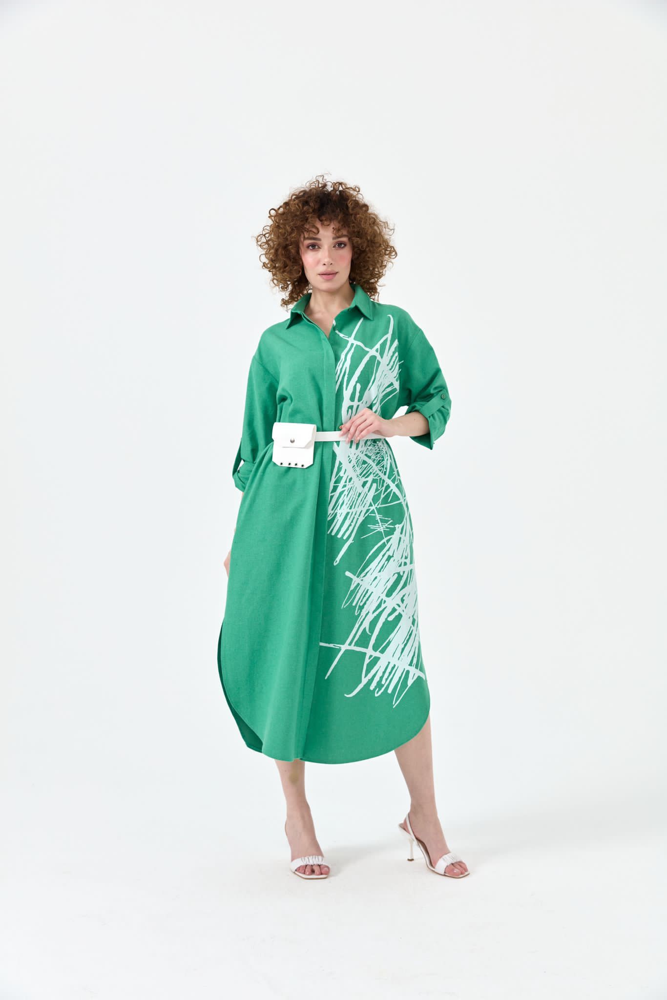 Linen Dress with Pleather Belt & Satchel Design - B-138 - Green