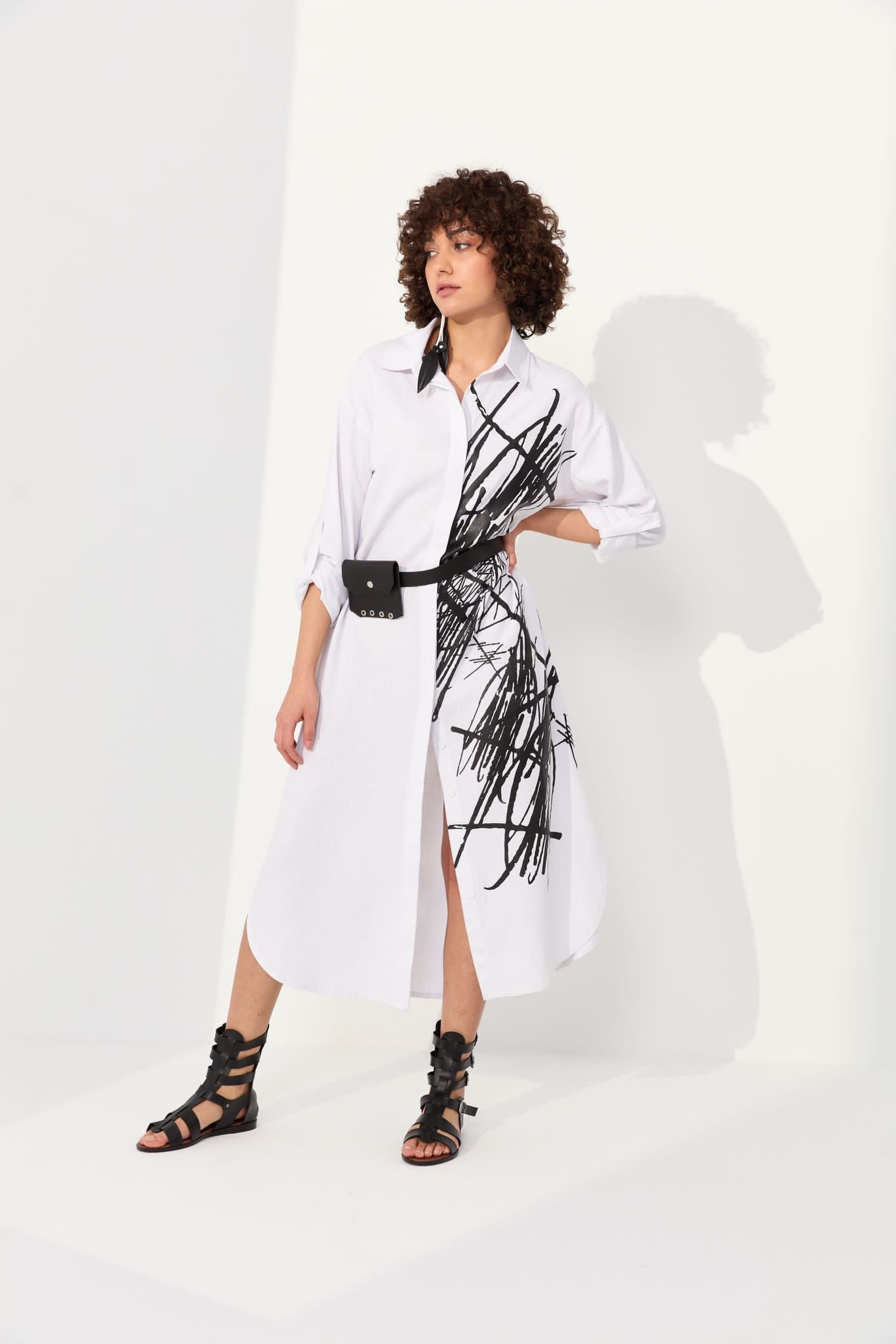 Linen Dress with Pleather Belt & Satchel Design - B-138 - White