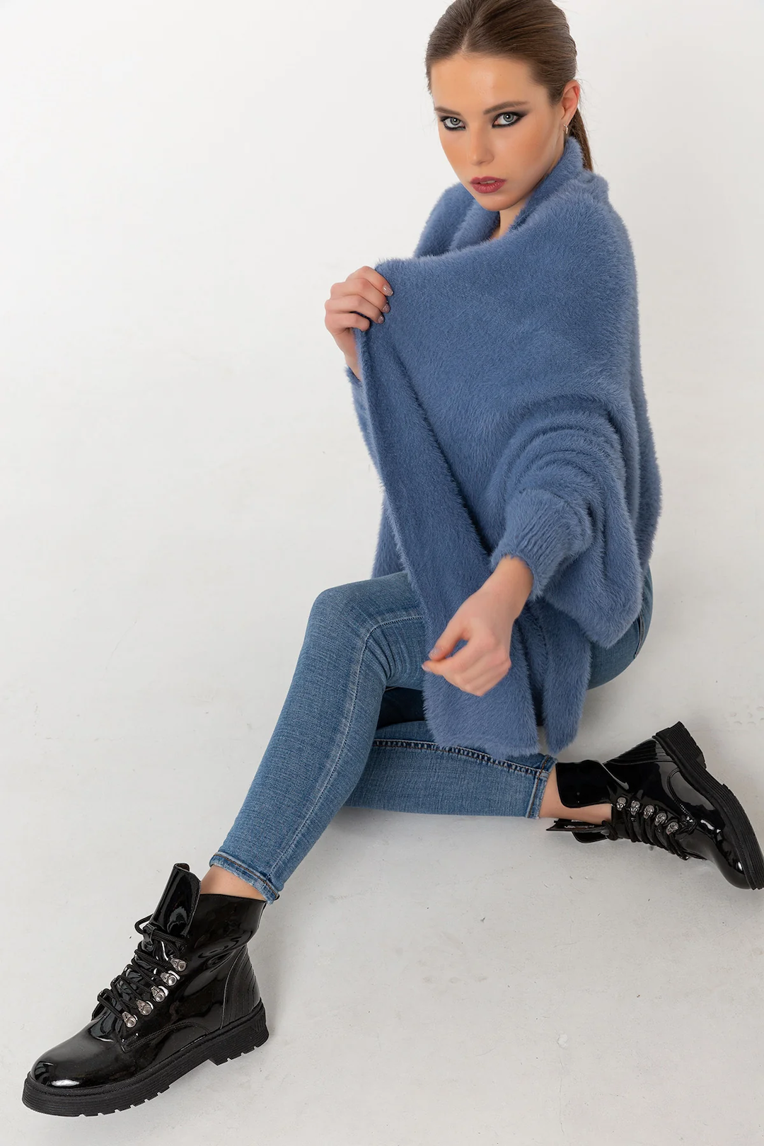 Fuzzy Poncho Shawl with Sleeves - Blue