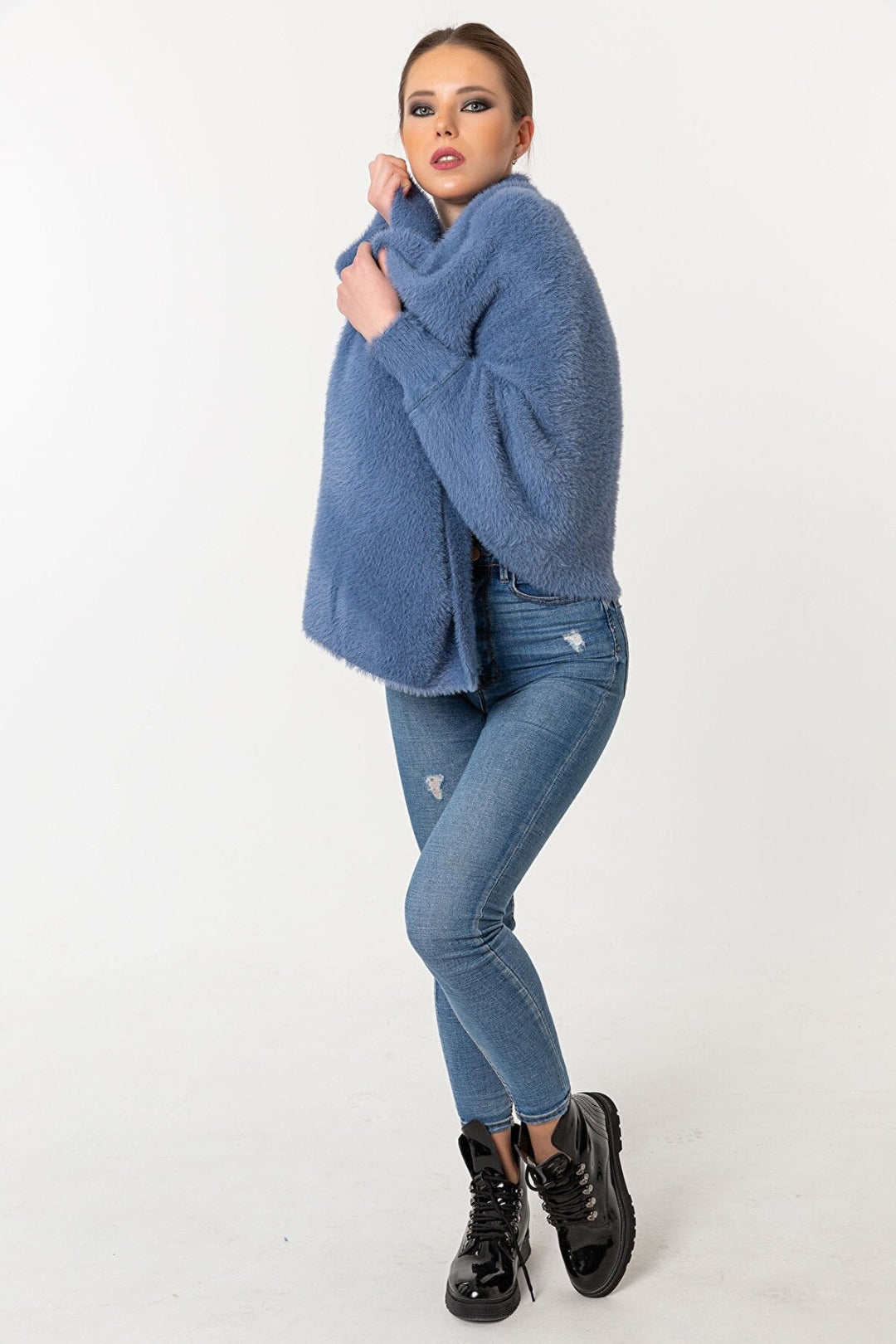 Fuzzy Poncho Shawl with Sleeves - Blue