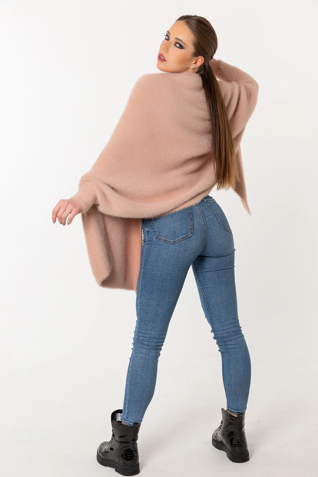 Fuzzy Poncho Shawl with Sleeves - Blush Pink