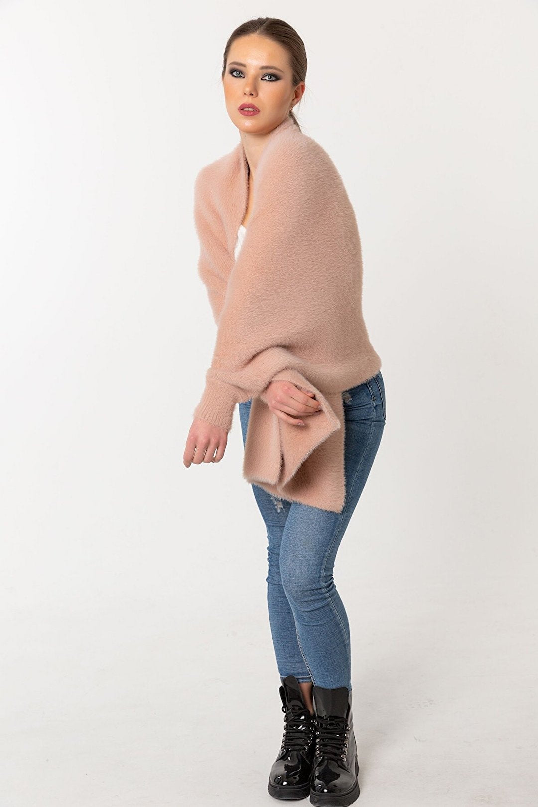 Fuzzy Poncho Shawl with Sleeves - Blush Pink