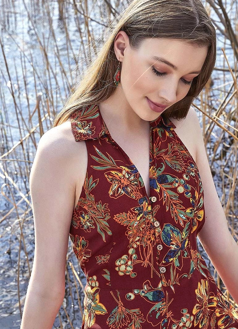 Shirt Collar Oversized Pocket Long Boho Dress - Lily Print