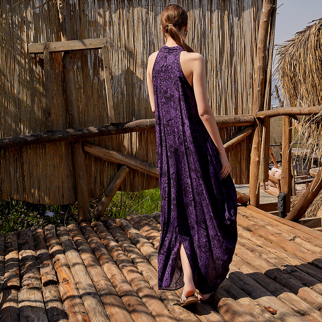 Degaje Cowl Neck Front Slit Dress - Purple Mandala