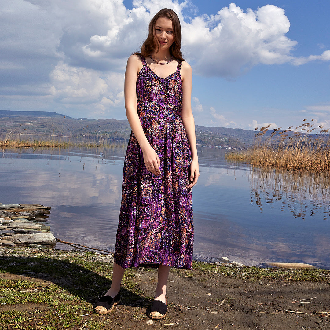 Gypsy Long Boho Button Down Dress - Purple Patch