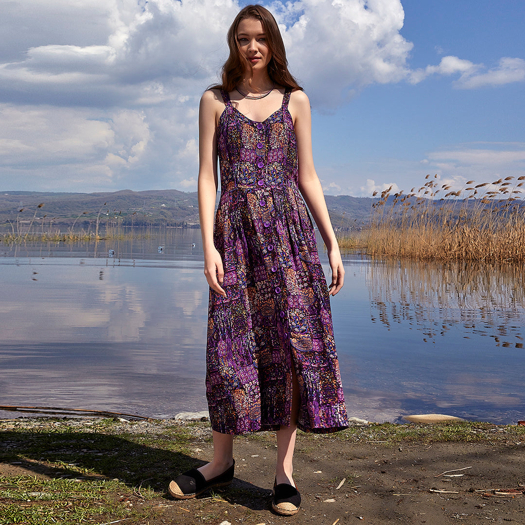 Gypsy Long Boho Button Down Dress - Purple Patch
