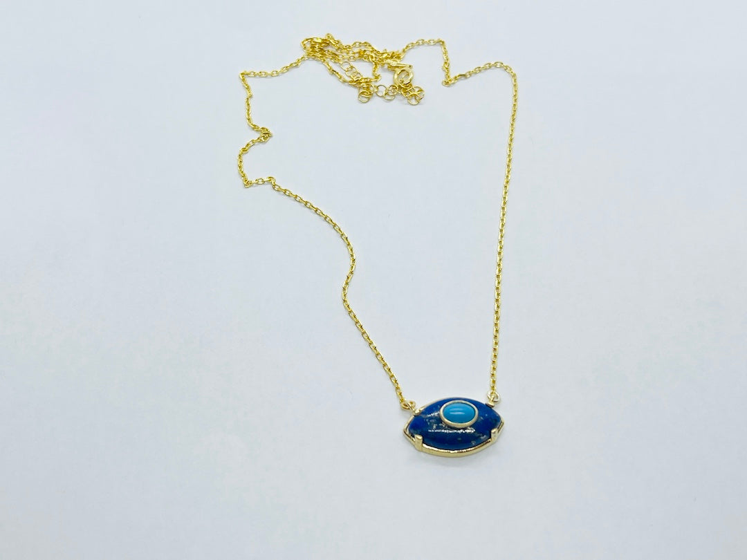 Yellow Gold Plated Evil Eye Small Lapis Necklace SVN9