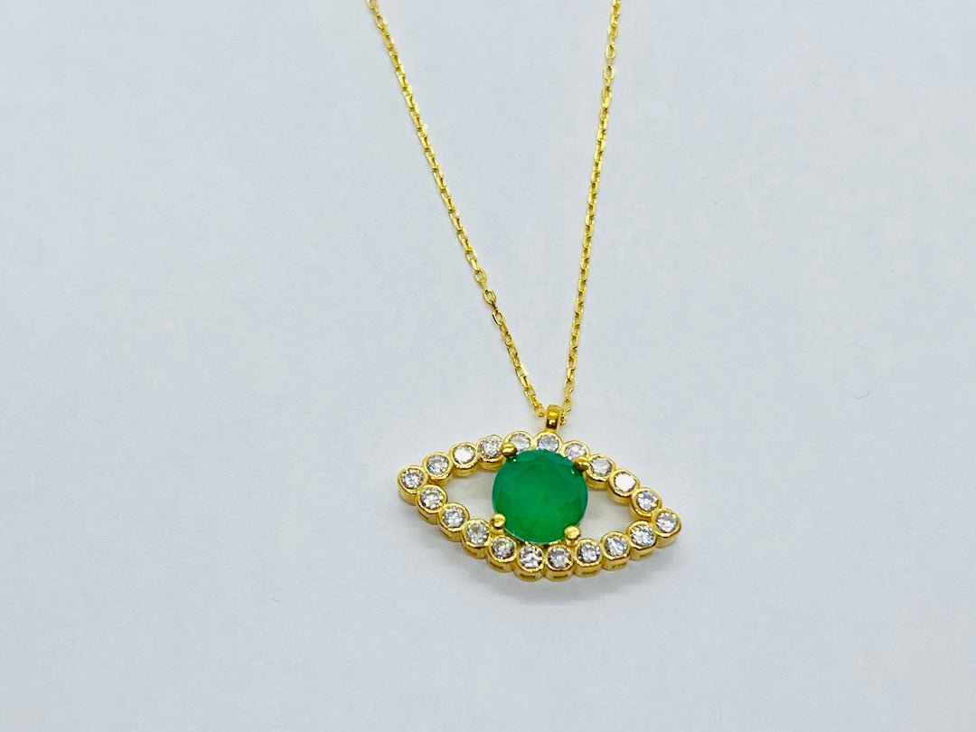 Evil Eye Synth Emerald Yellow Gold Necklace SVN10