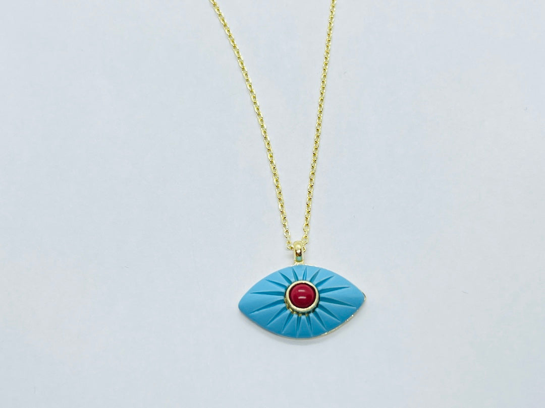 Yellow Gold Silver Necklace Evil Eye Red SVN13