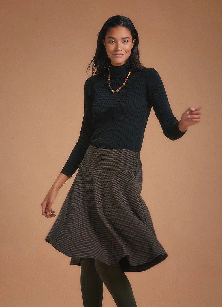 Flared Houndstooth Skirt - Coffee