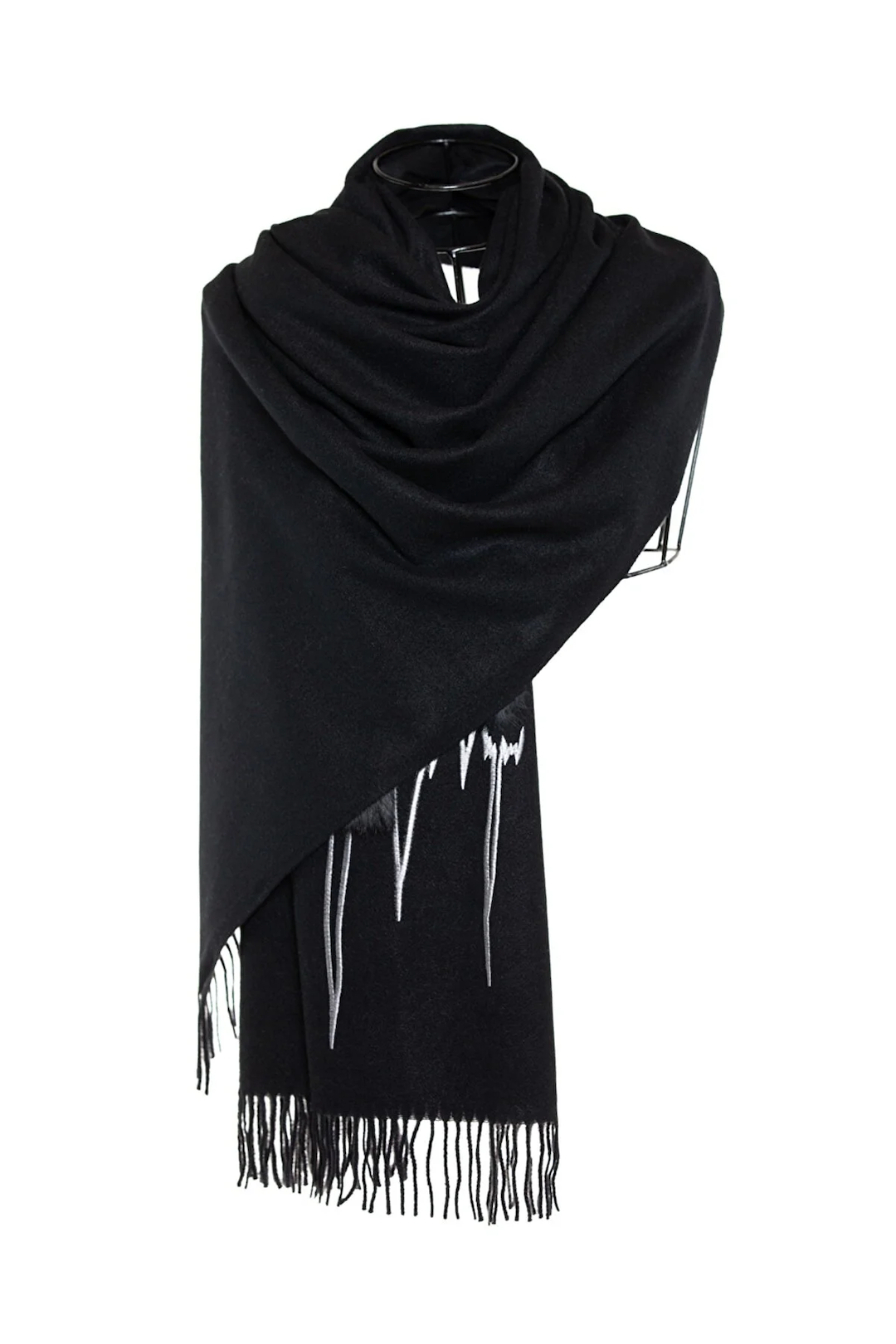 Heart Beat Embroidered Shawl with Faux Fur Pon Pons - Black