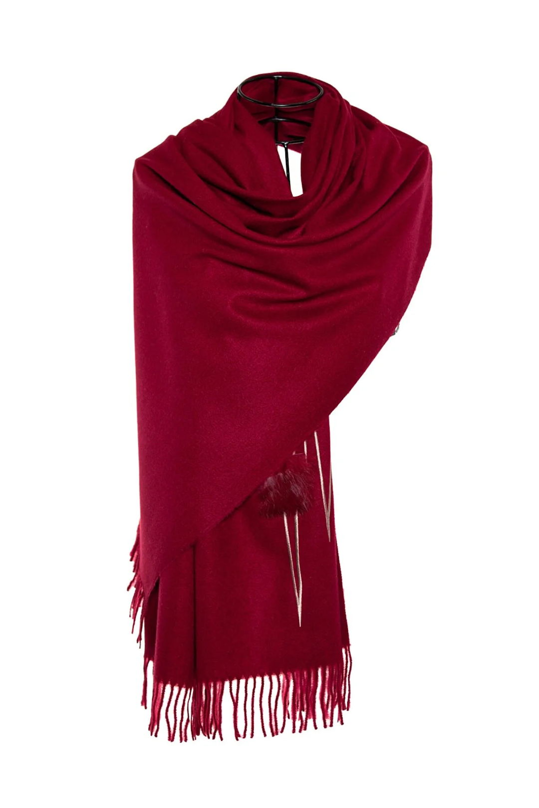 Heart Beat Embroidered Shawl with Faux Fur Pon Pons - Maroon