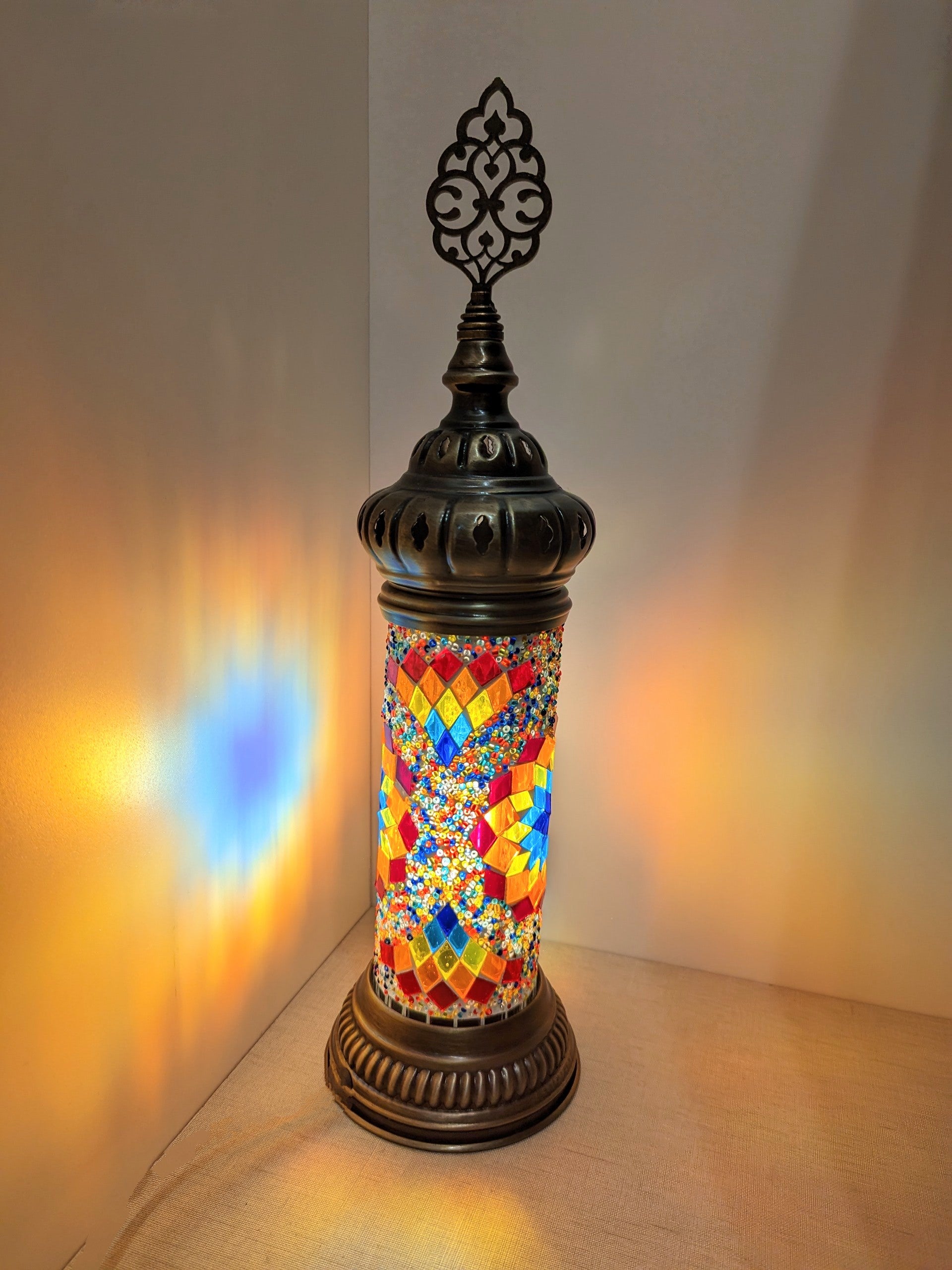 Cylinder Mosaic Turkish Glass Lamp with Brass Table Top Lamp - 7X20 CM