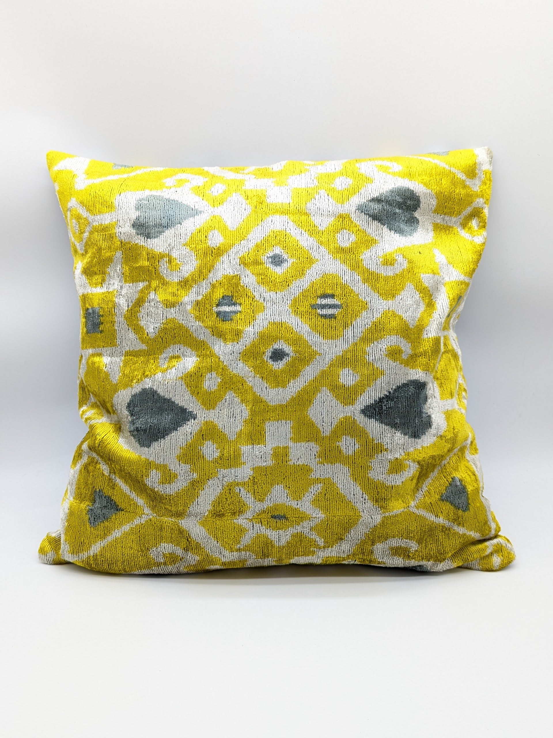 Set of 2 Velvet Silk Square Cushion Big 50x50CM IKAT Silk Back - Yellow Gray