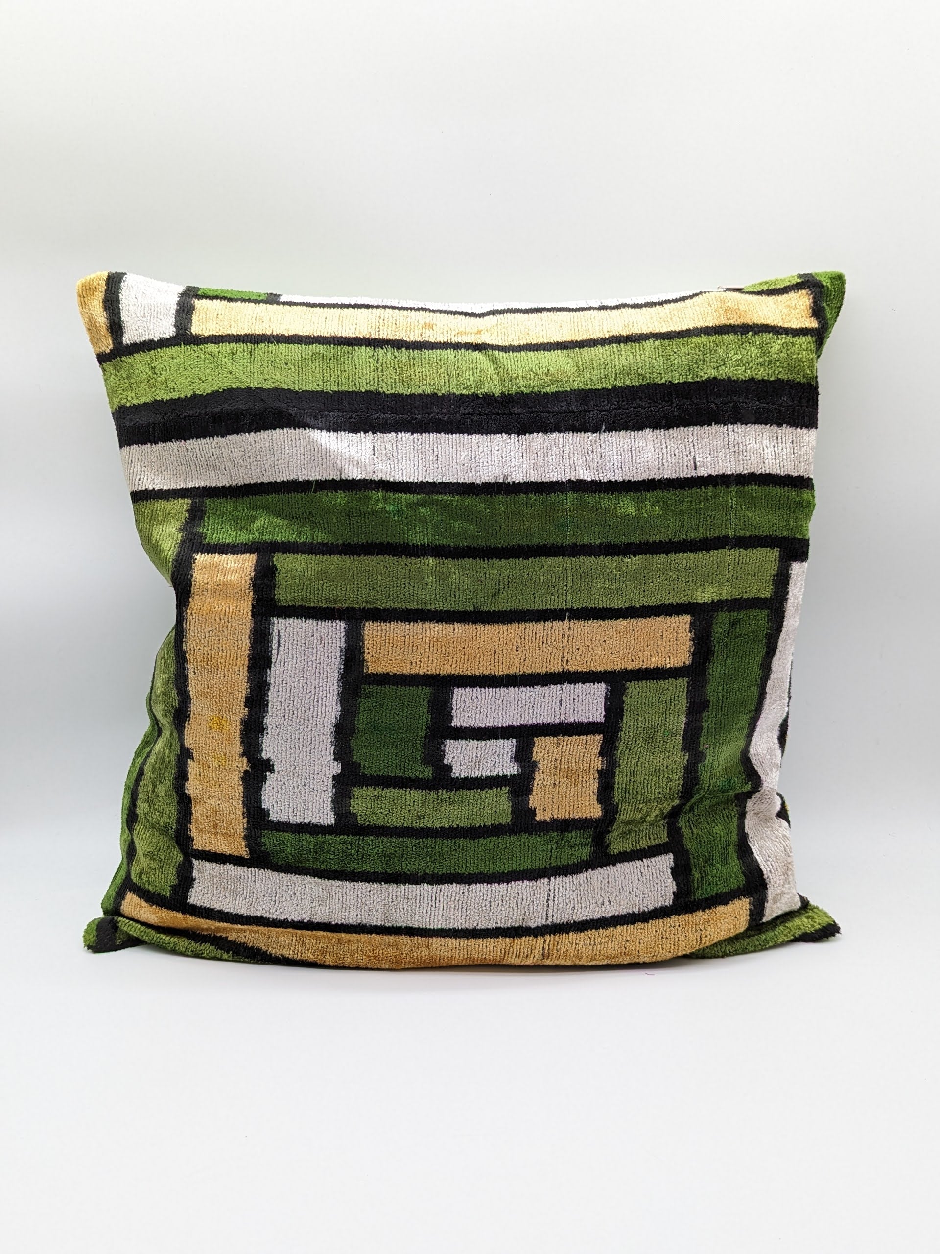 Set of 2 Velvet Silk Square Cushion Big 50x50CM IKAT Cotton Back - Green Square DImensions