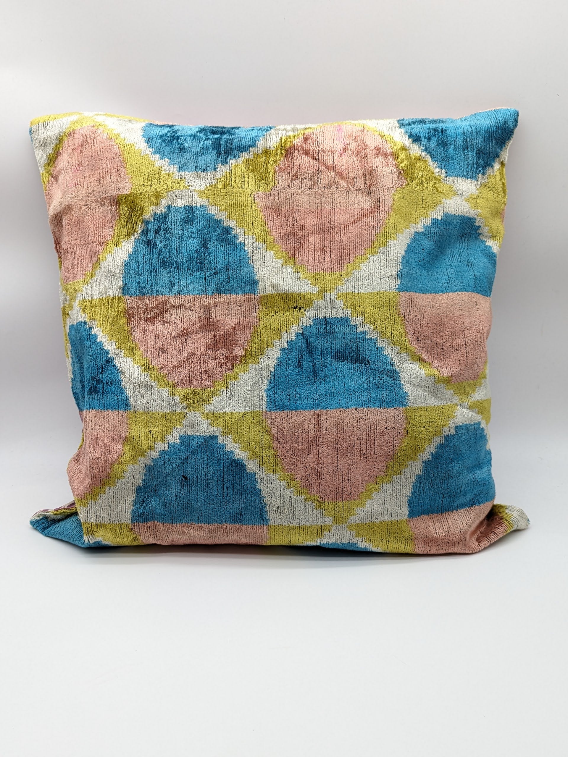 Set of 2 Velvet Silk Square Cushion Big 50x50CM IKAT Cotton Back - Light Pink Blue