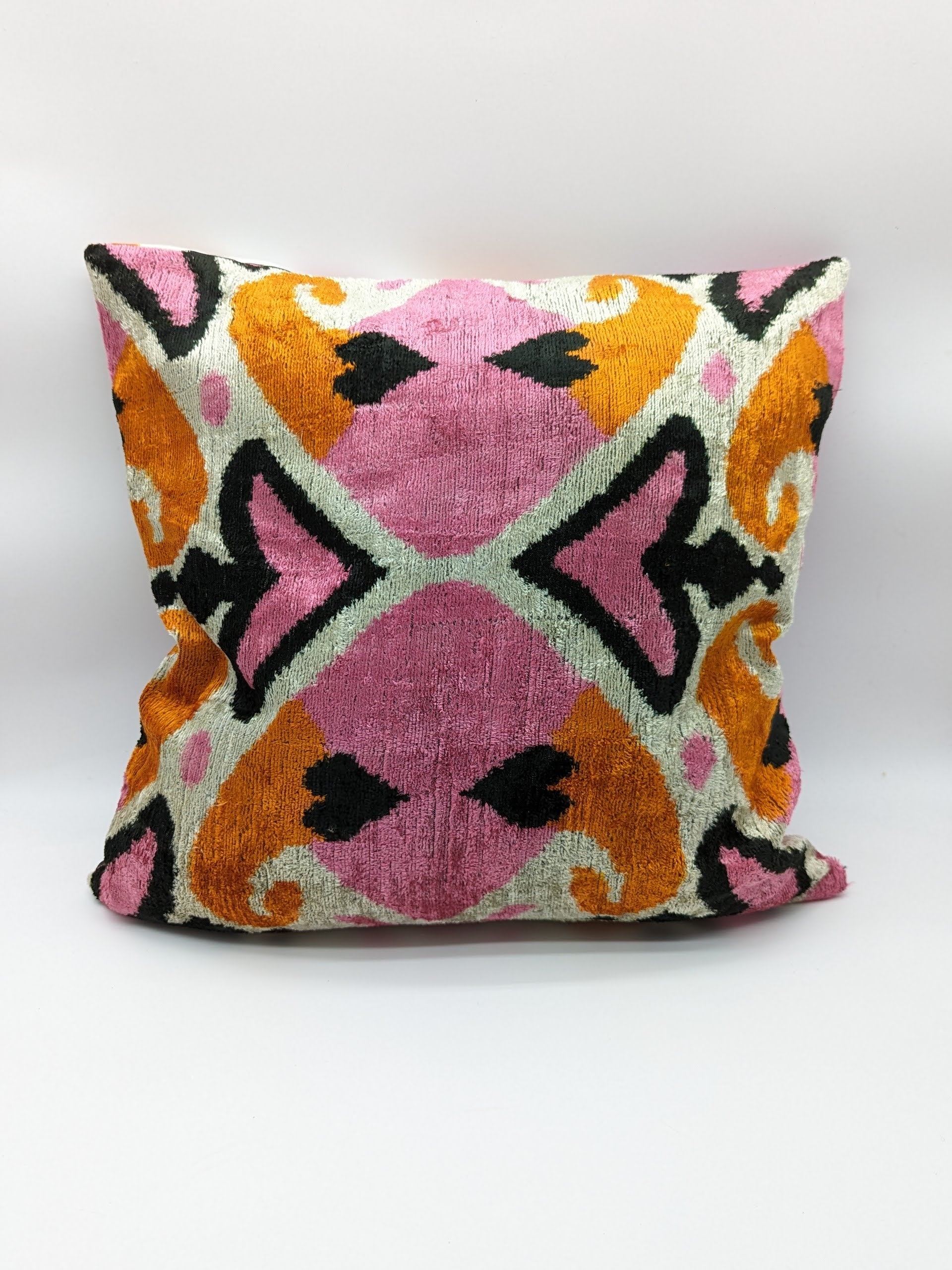 Set of 2 Velvet Silk Square Cushion Big 50x50CM IKAT Cotton Back - Pink Orange Hearts