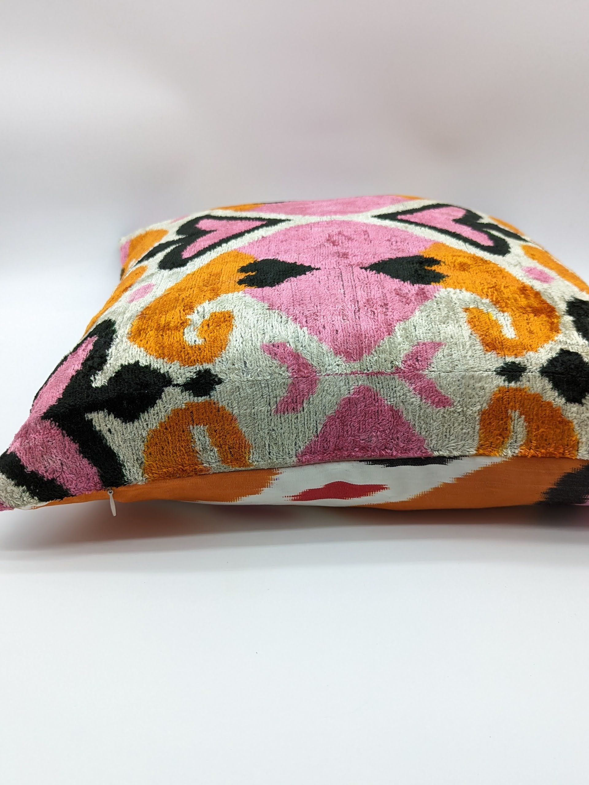 Set of 2 Velvet Silk Square Cushion Big 50x50CM IKAT Silk Back - Pink Orange Hearts