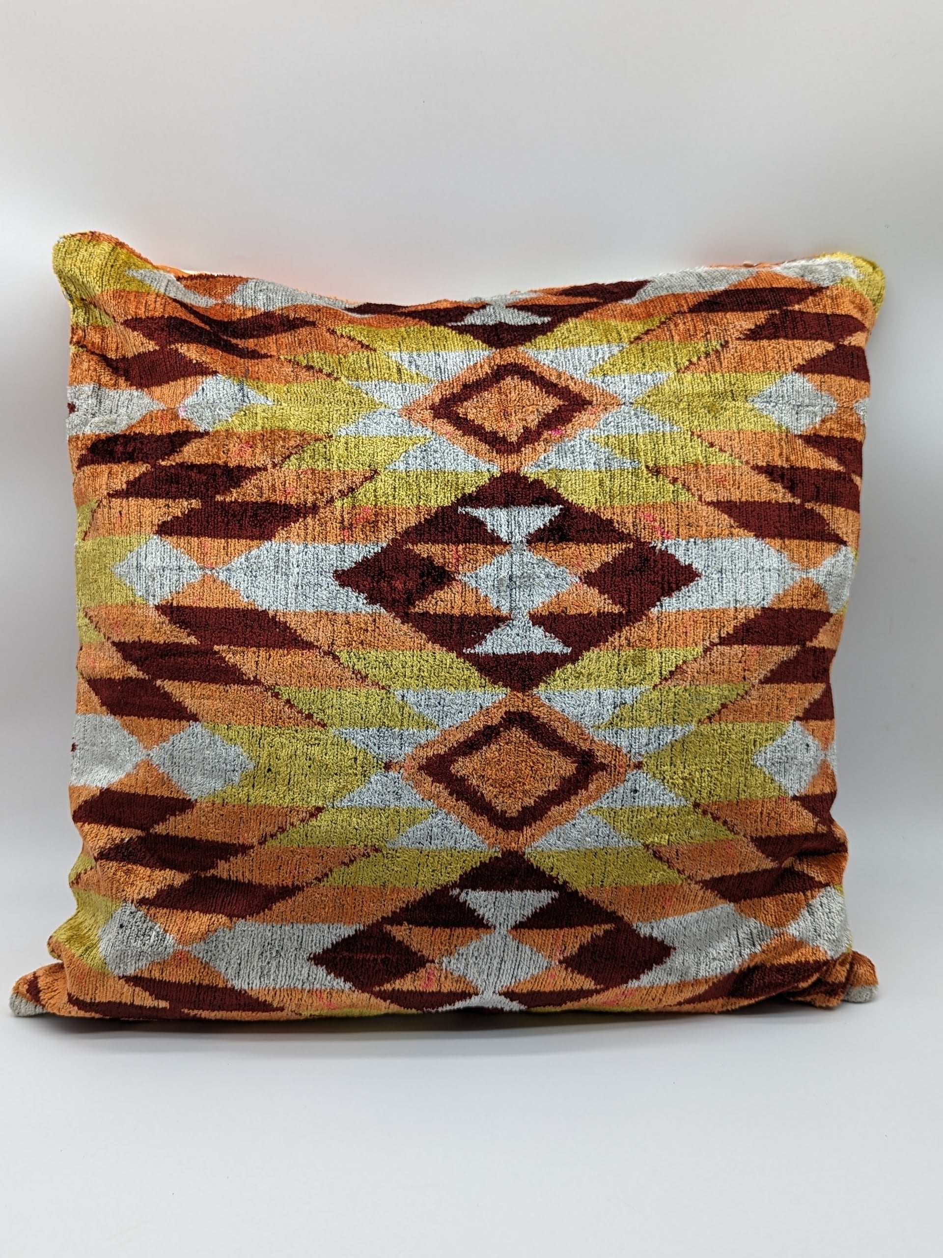 Set of 2 Velvet Silk Square Cushion Big 50x50CM IKAT Cotton Back - Tribal Orange Brick
