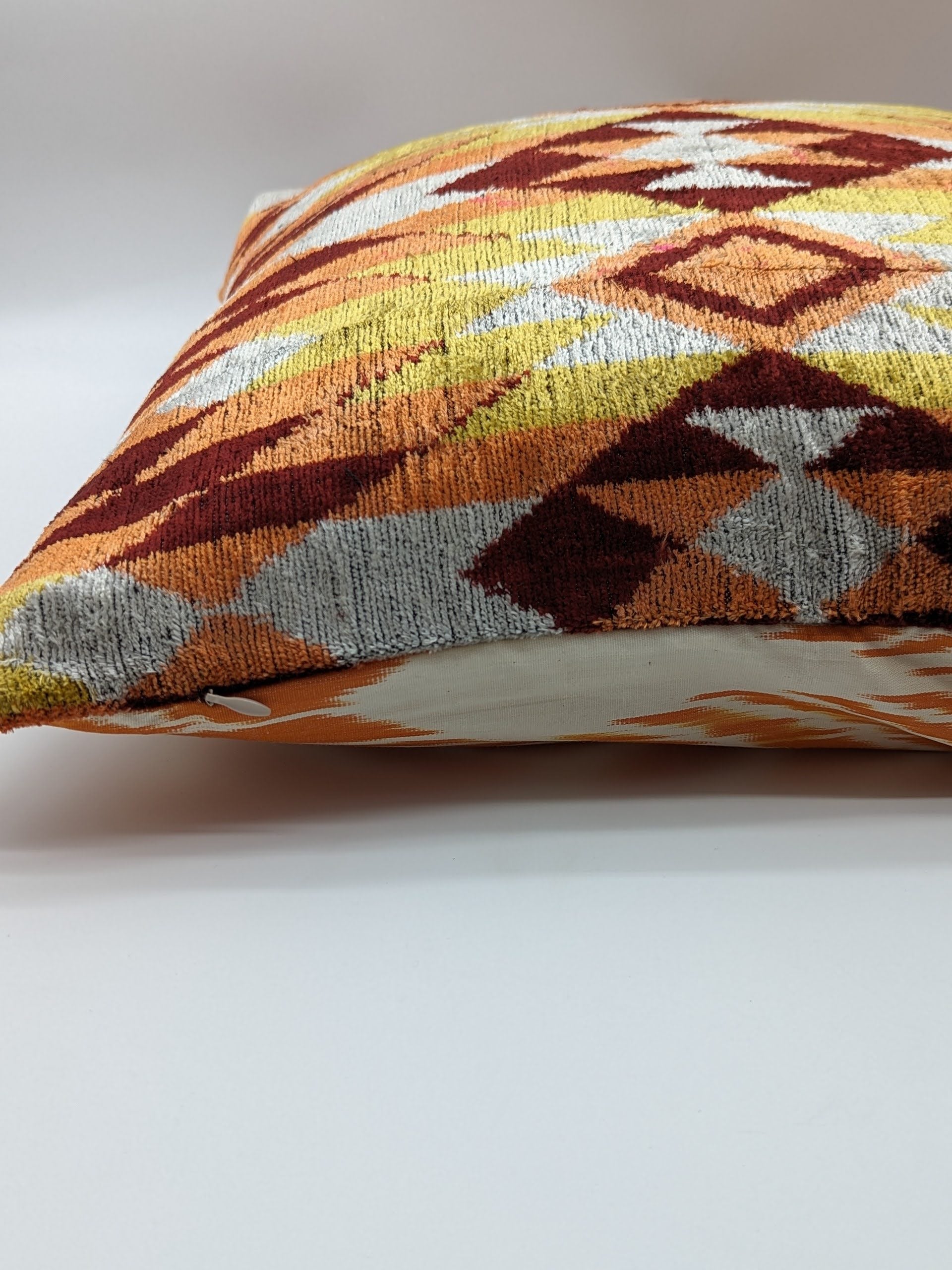 Set of 2 Velvet Silk Square Cushion Big 50x50CM IKAT Silk Back - Tribal Orange Brick