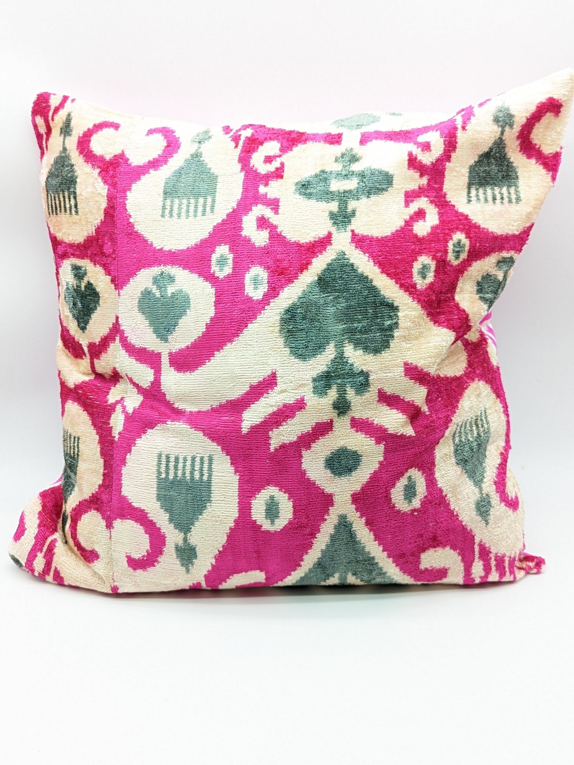 Set of 2 Velvet Silk Square Cushion Big 50x50CM IKAT Cotton Back - Hot Pink Gray