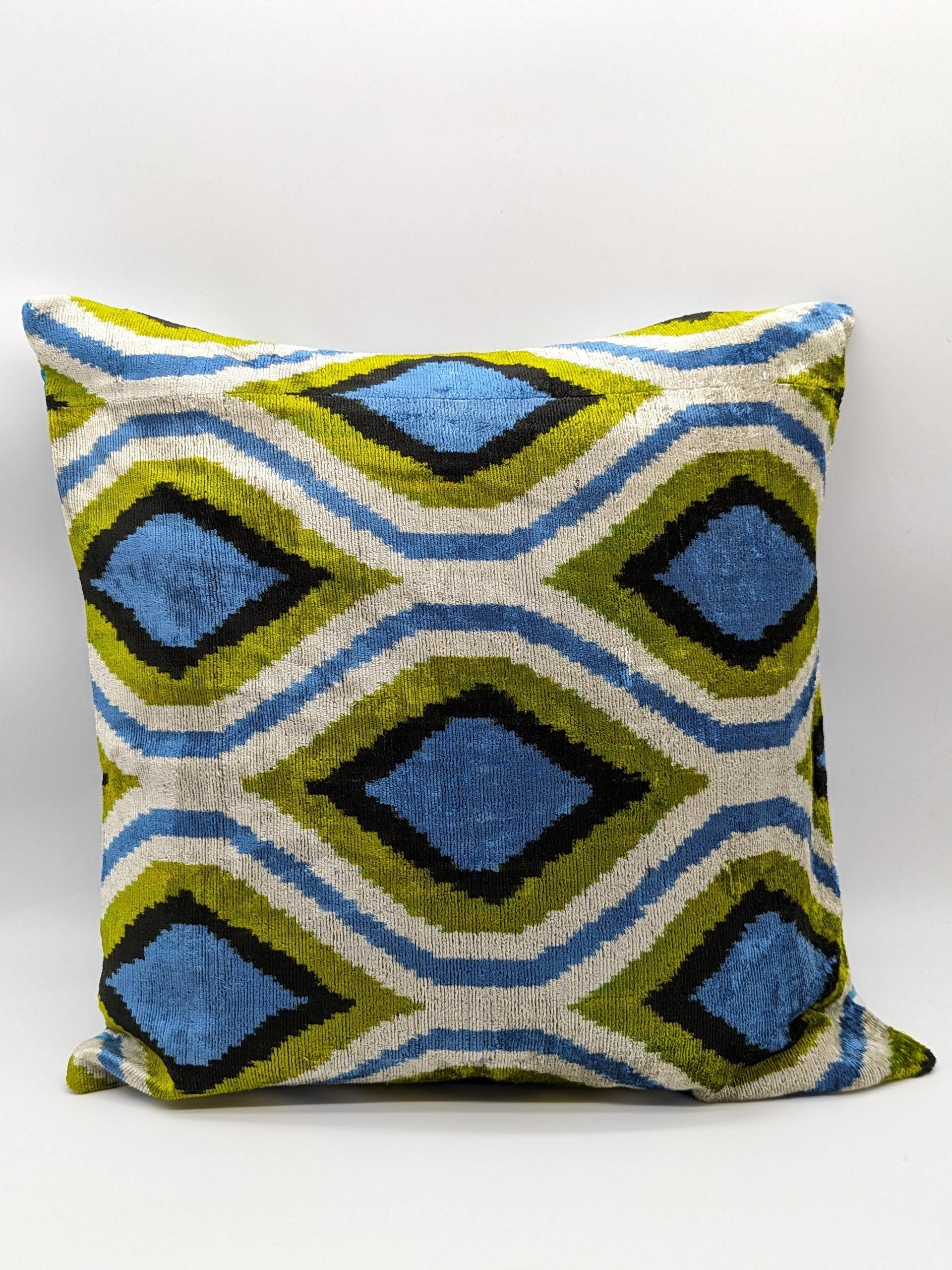 Set of 2 Velvet Silk Square Cushion Big 50x50CM IKAT Cotton Back - Blue Green Seeds