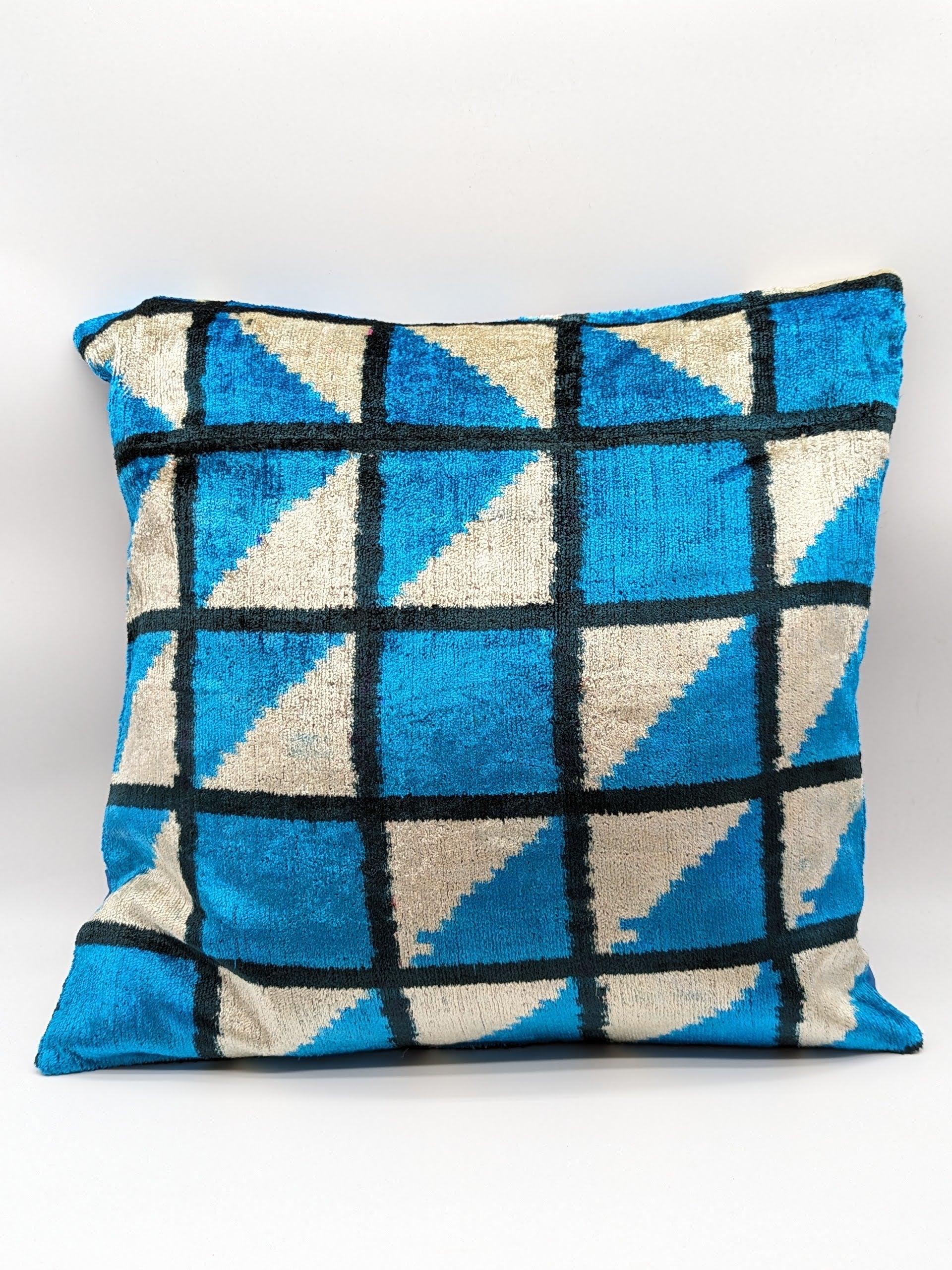 Set of 2 Velvet Silk Square Cushion Big 50x50CM IKAT Cotton Back - Turquoise Square