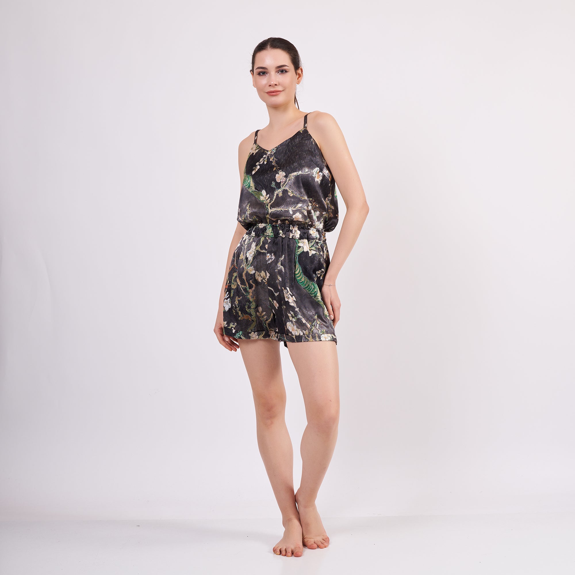 Pure Silk Pyjama Set Tank and Shorts - Almond Blossoms Anthracite