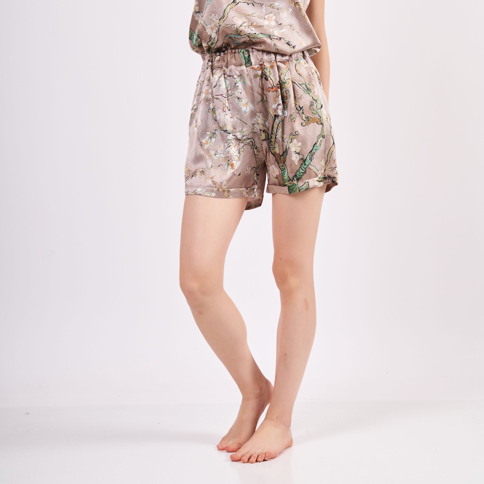 Pure Silk Pyjama Set Tank and Shorts - Almond Blossoms Beige