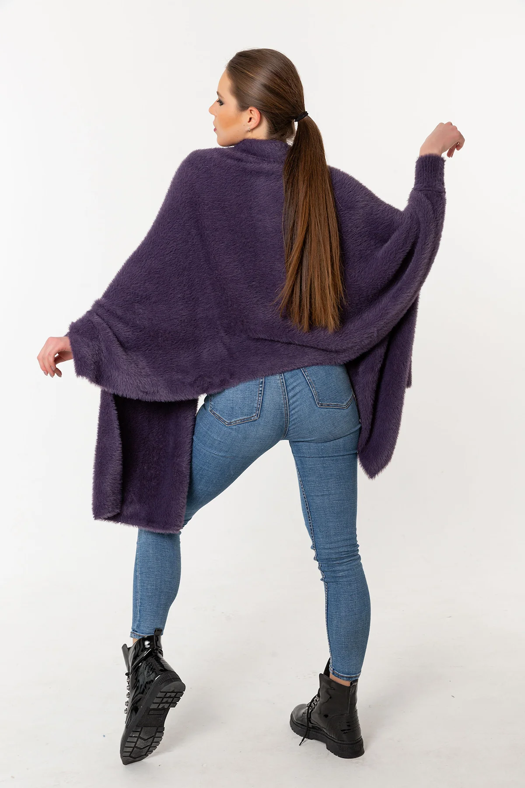 Fuzzy Poncho Shawl with Sleeves - Violet
