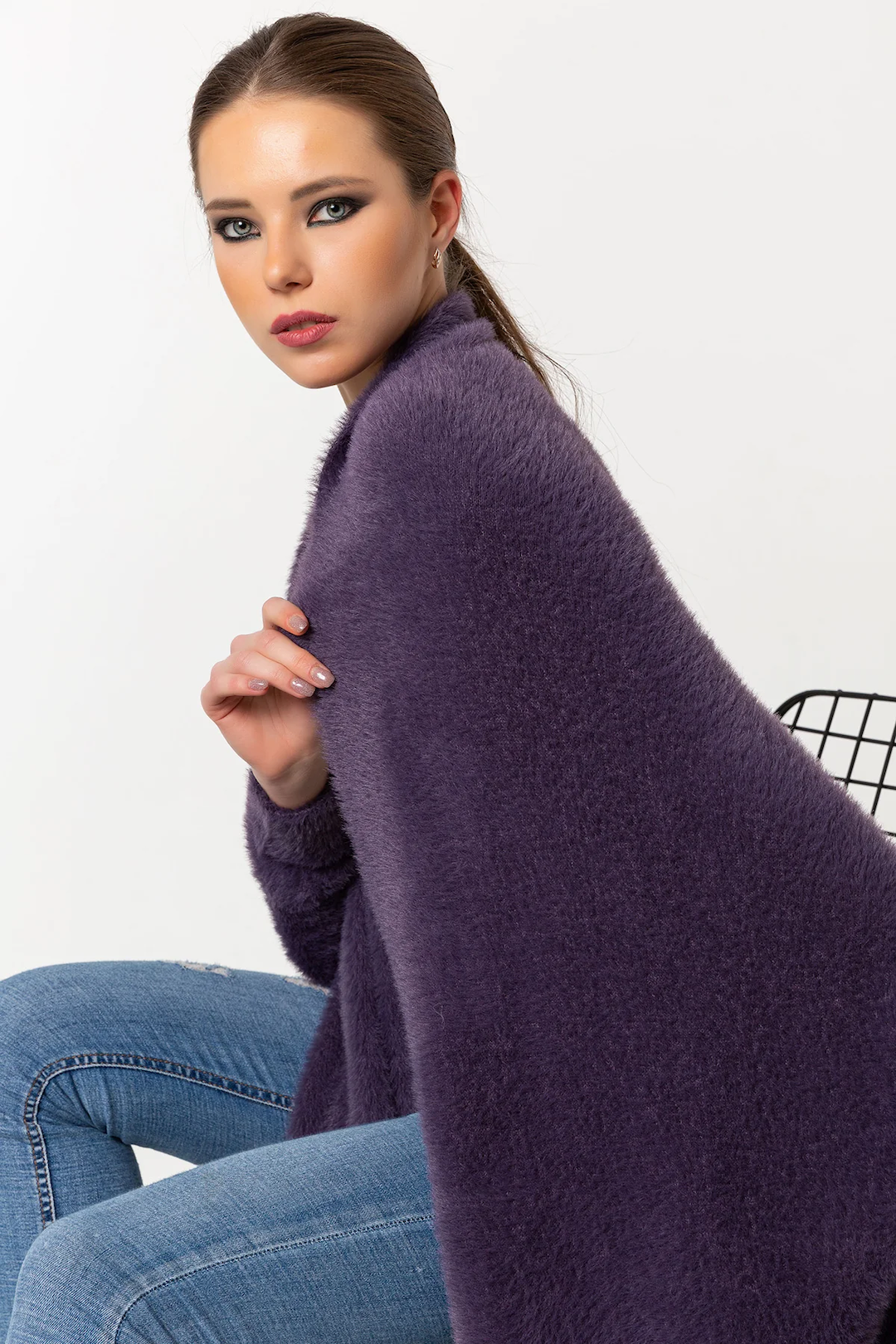 Fuzzy Poncho Shawl with Sleeves - Violet