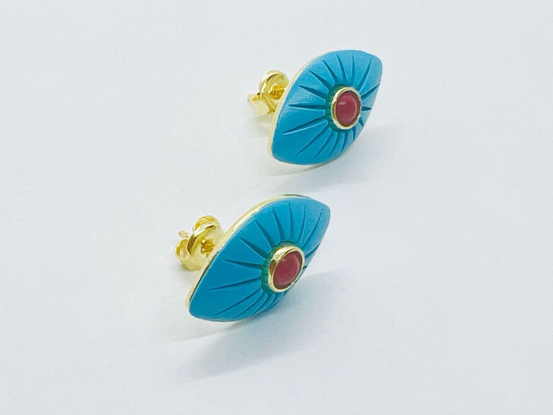 Earring Push Pin Silver Yellow Gold Nazar Red - SVE13